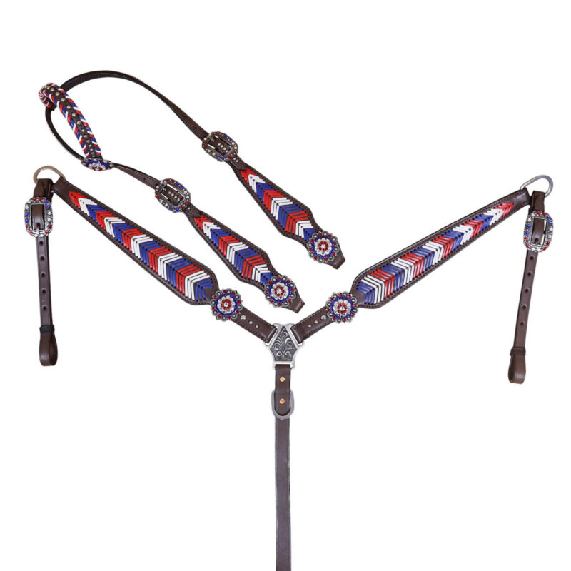 Western Leather Headstall and Breast Collar tack Set decorated with American Flag tree colour rawhide braiding in Arrow shape all over breast collar and check pieces