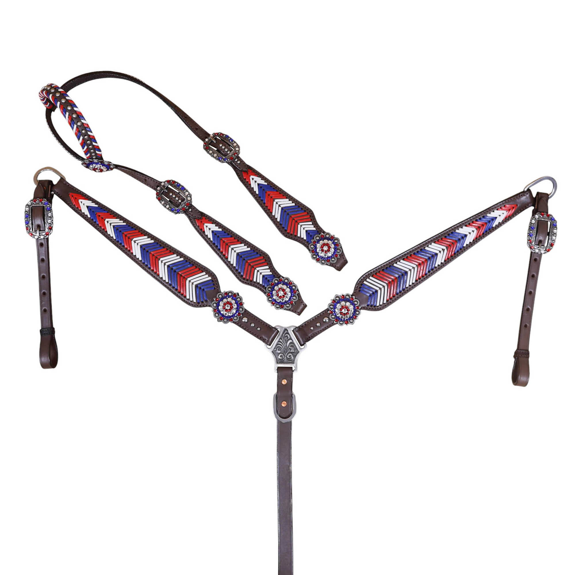 Western Leather Headstall and Breast Collar tack Set decorated with American Flag tree colour rawhide braiding in Arrow shape all over breast collar and check pieces