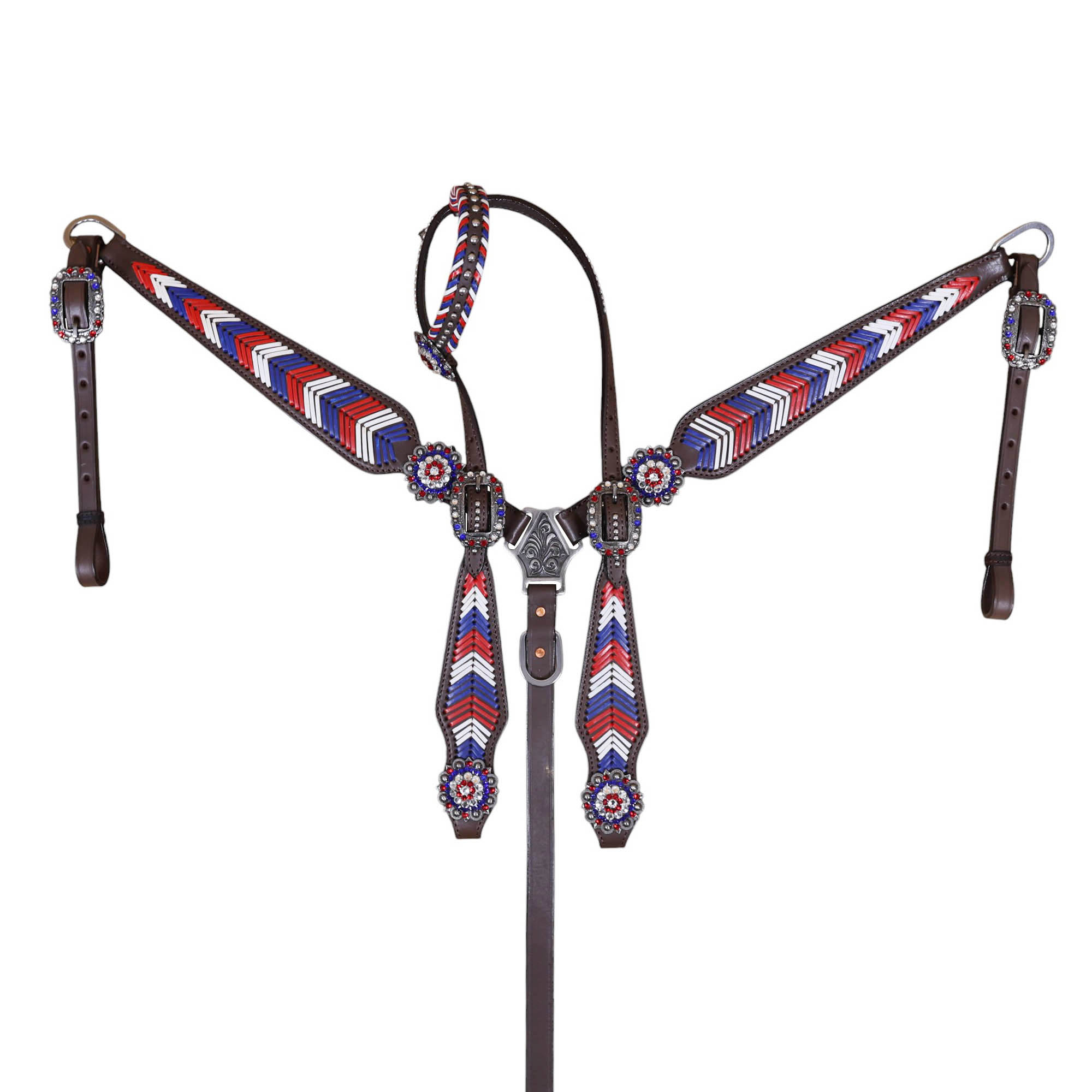 Western Leather Headstall and Breast Collar tack Set decorated with American Flag tree (HSBM 114403) - Image 7