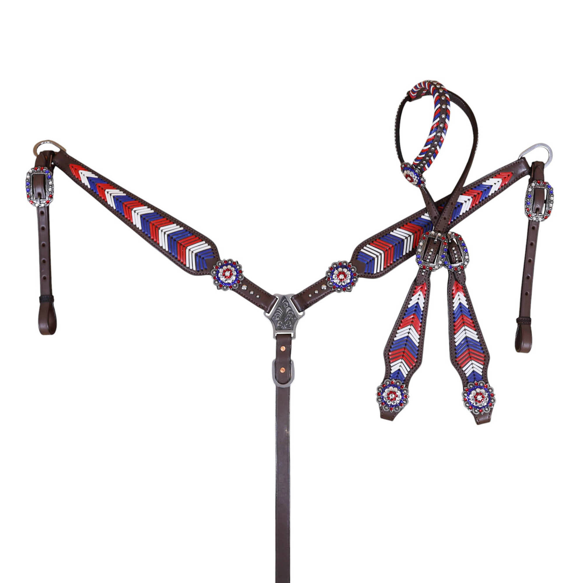 Western Leather Headstall and Breast Collar tack Set decorated with American Flag tree (HSBM 114403) - Image 8