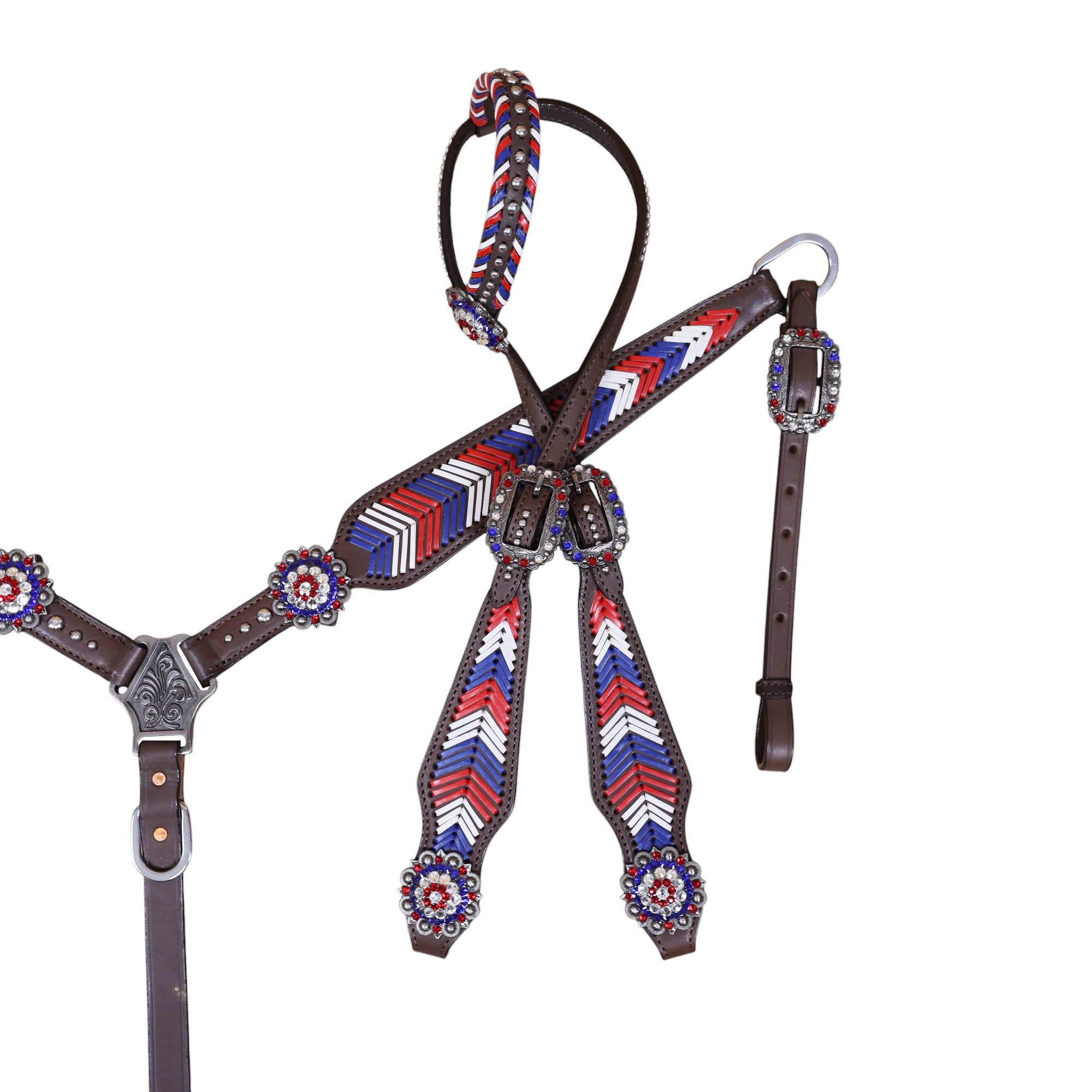 Western Leather Headstall and Breast Collar tack Set decorated with American Flag tree (HSBM 114403) - Image 9