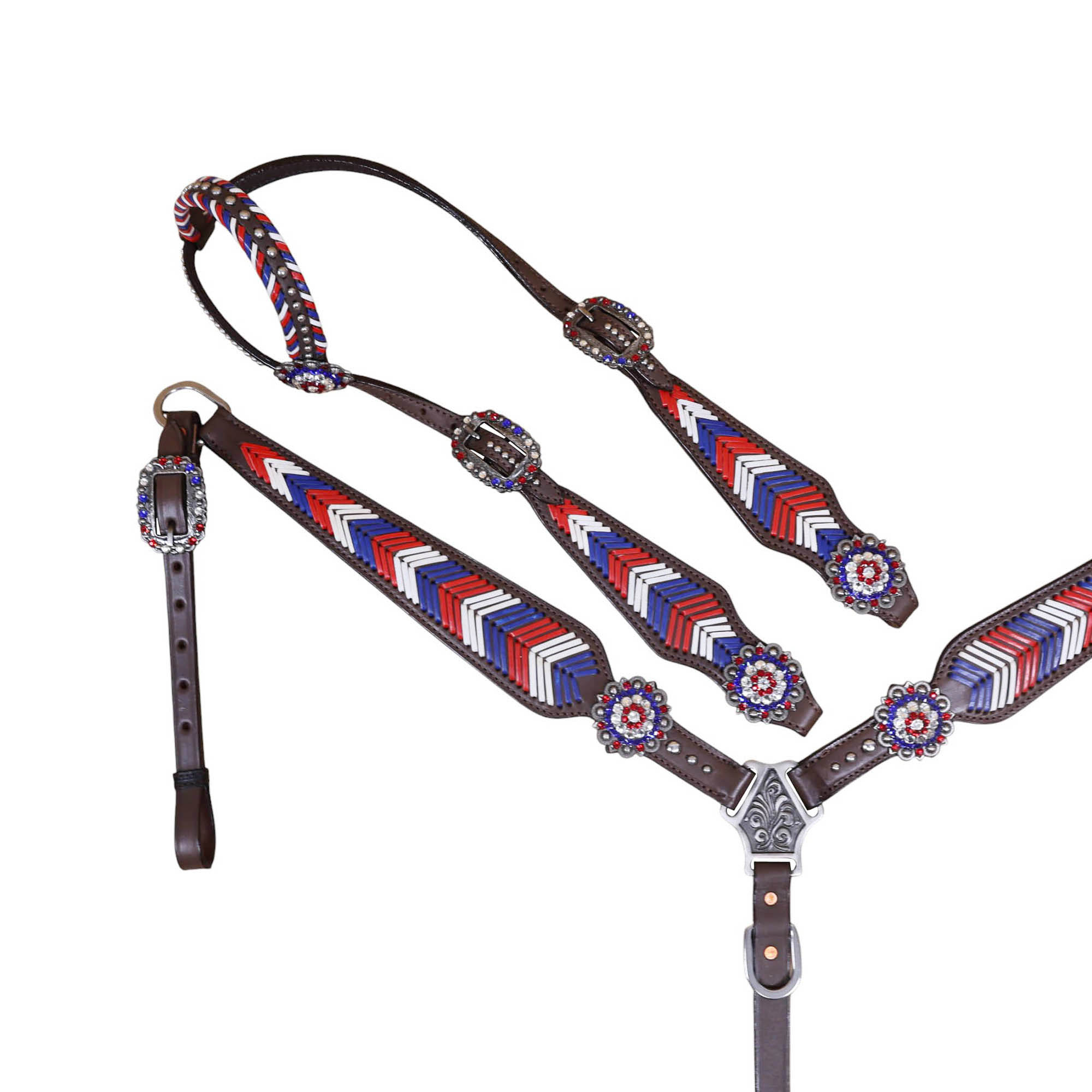 Western Leather Headstall and Breast Collar tack Set decorated with American Flag tree (HSBM 114403) - Image 3