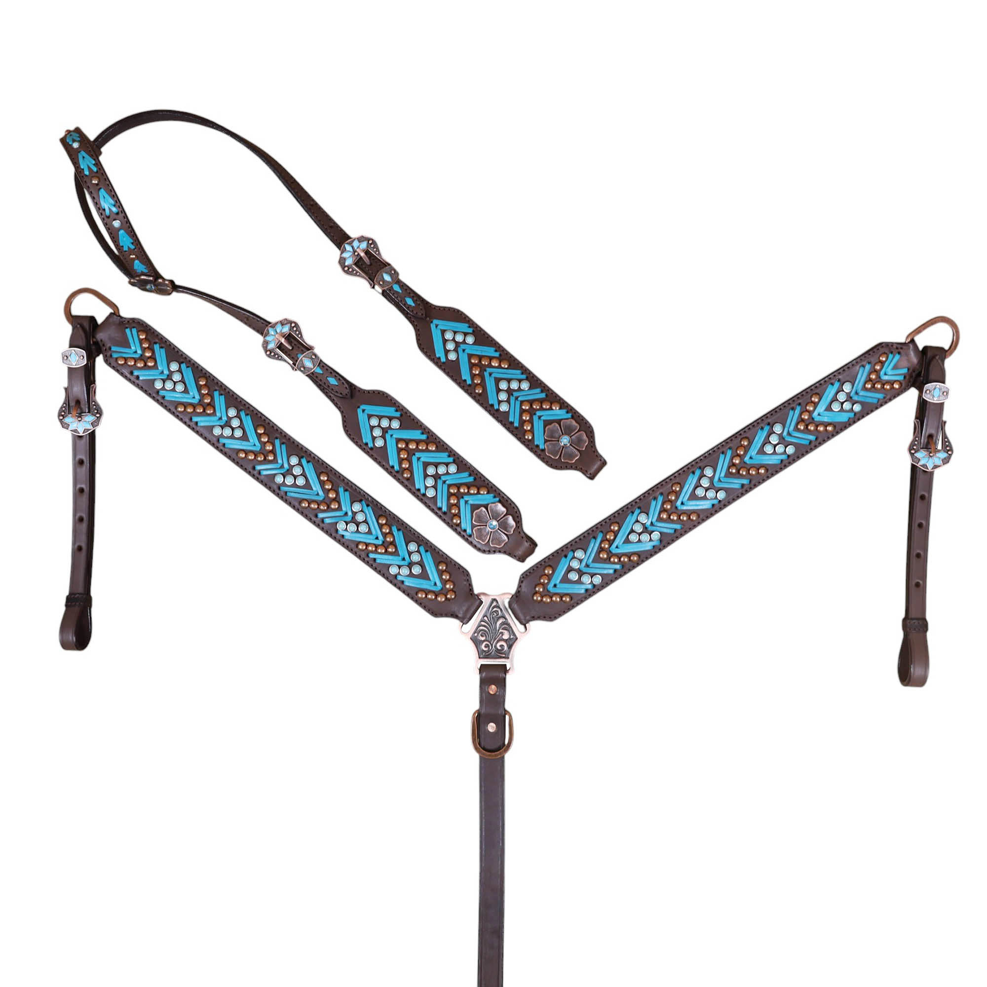 Western Leather Headstall and Breast Collar tack Set decorated with turquoise arrow shape rawhide braiding,arrow shape copper and turquoise studs all over with flower conchos on check piece and one ear