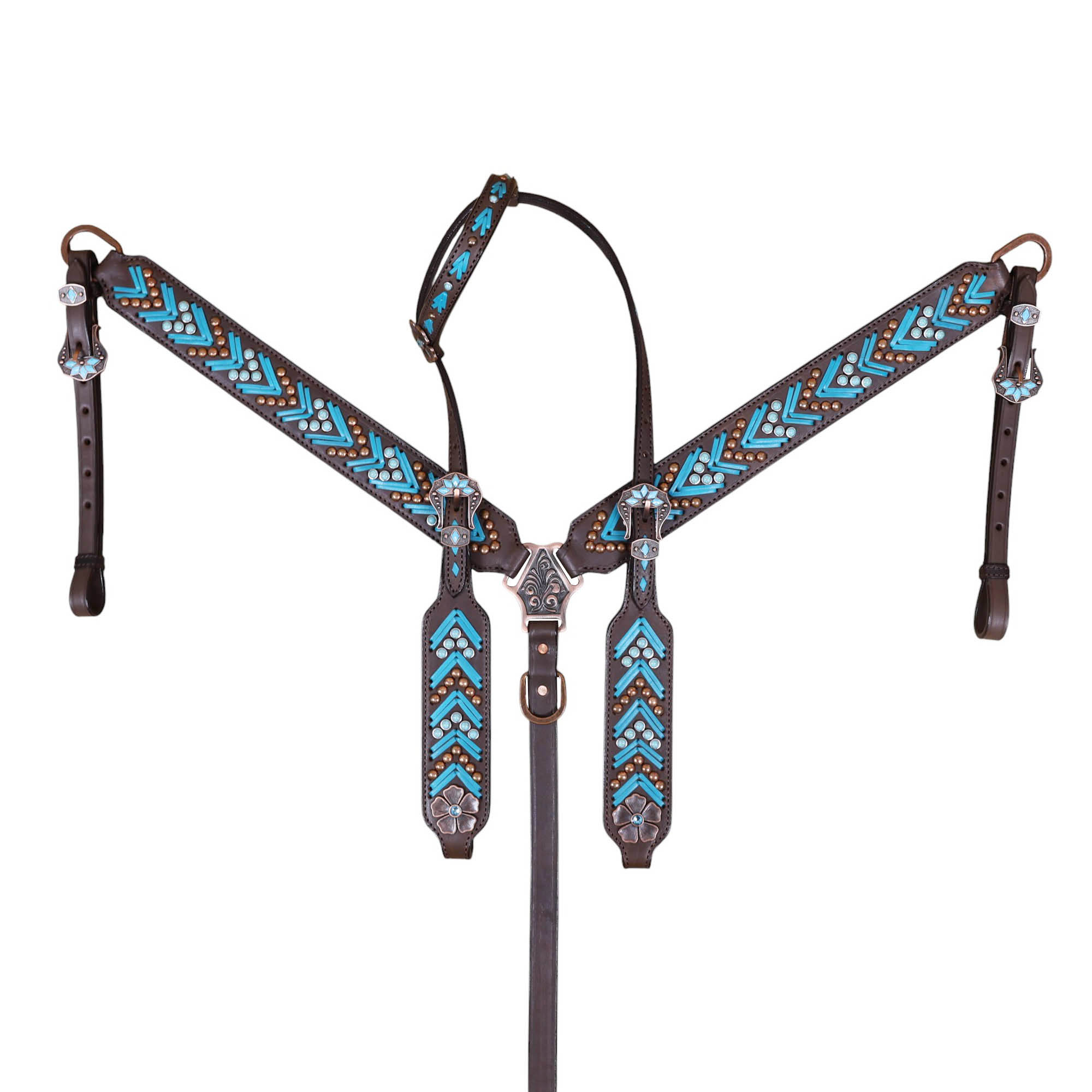 Handmade Leather Headstall and Breast Collar tack Set turquoise arrow shape rawhide braiding (HSBM 114405) - Image 6