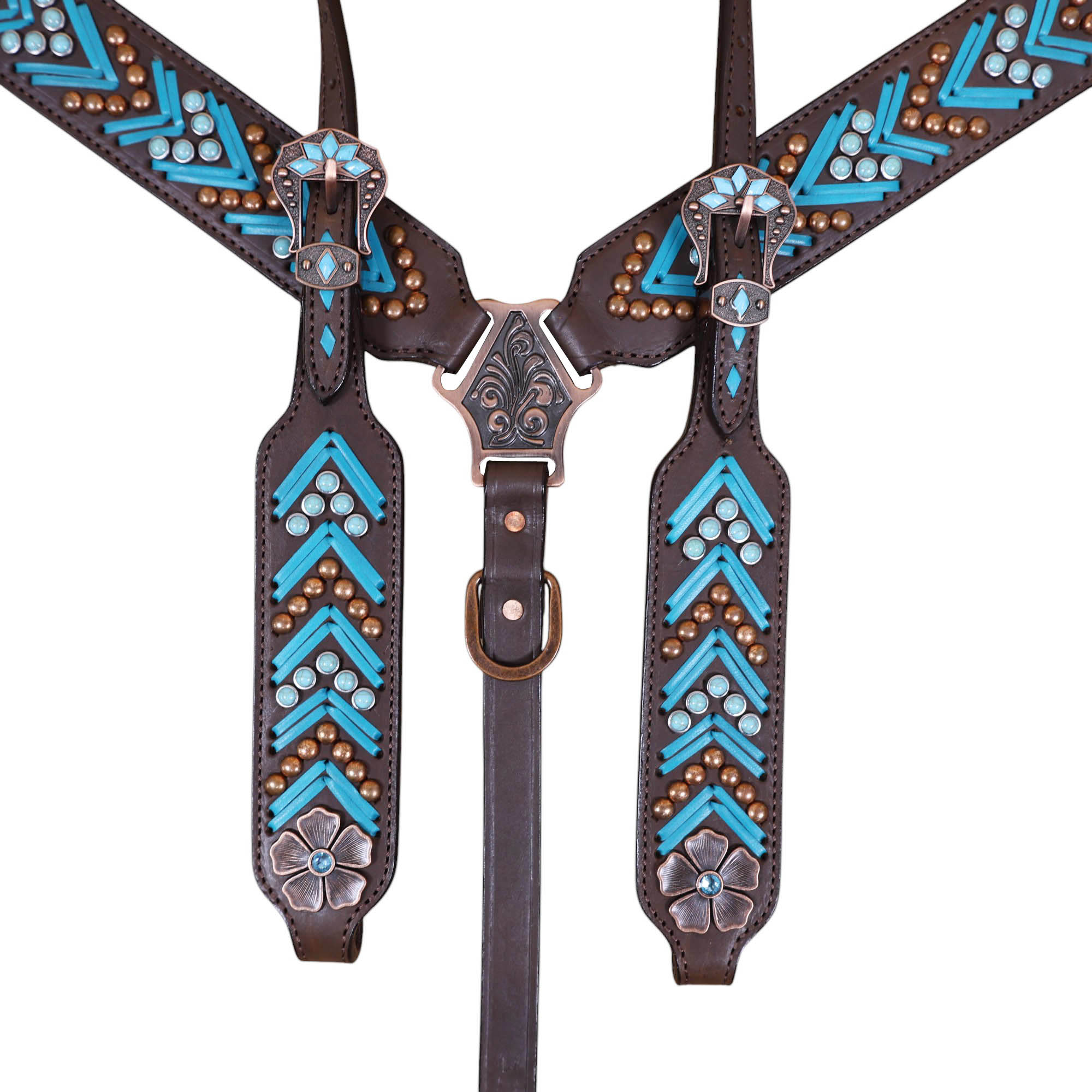 Handmade Leather Headstall and Breast Collar tack Set turquoise arrow shape rawhide braiding (HSBM 114405) - Image 7