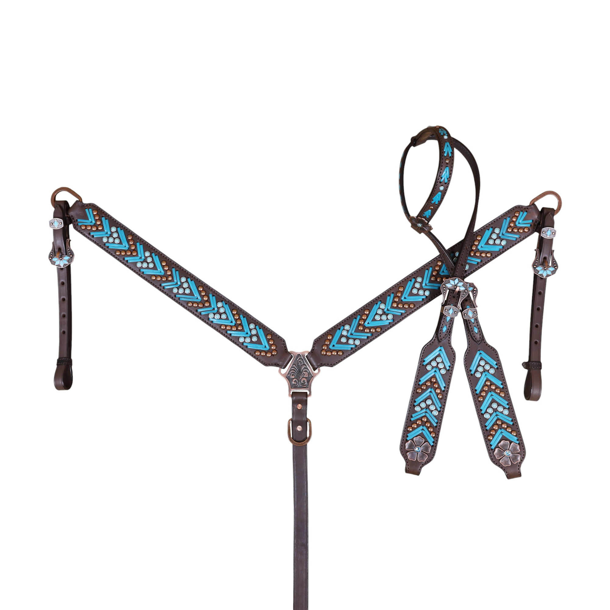 Handmade Leather Headstall and Breast Collar tack Set turquoise arrow shape rawhide braiding (HSBM 114405) - Image 8