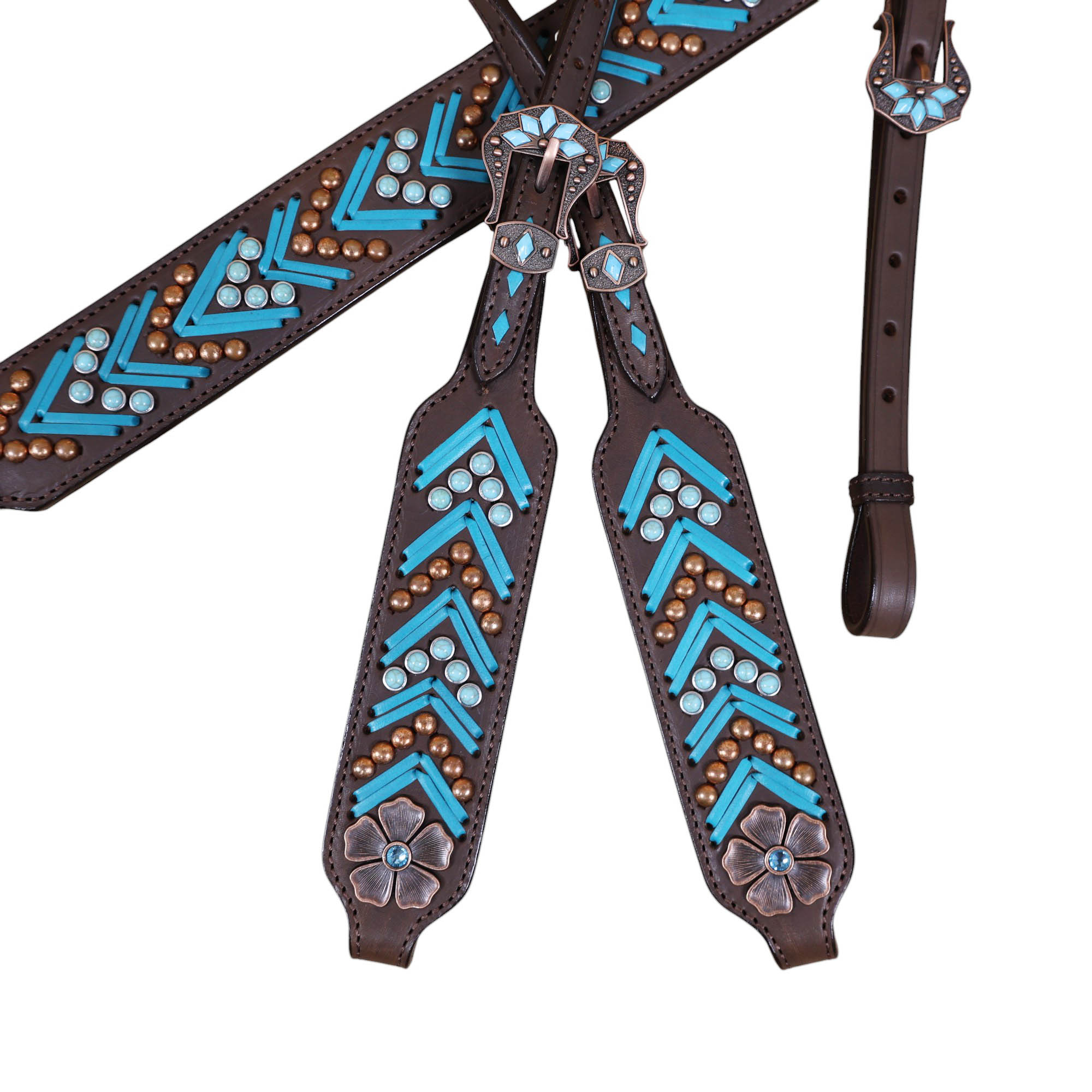 Handmade Leather Headstall and Breast Collar tack Set turquoise arrow shape rawhide braiding (HSBM 114405) - Image 9