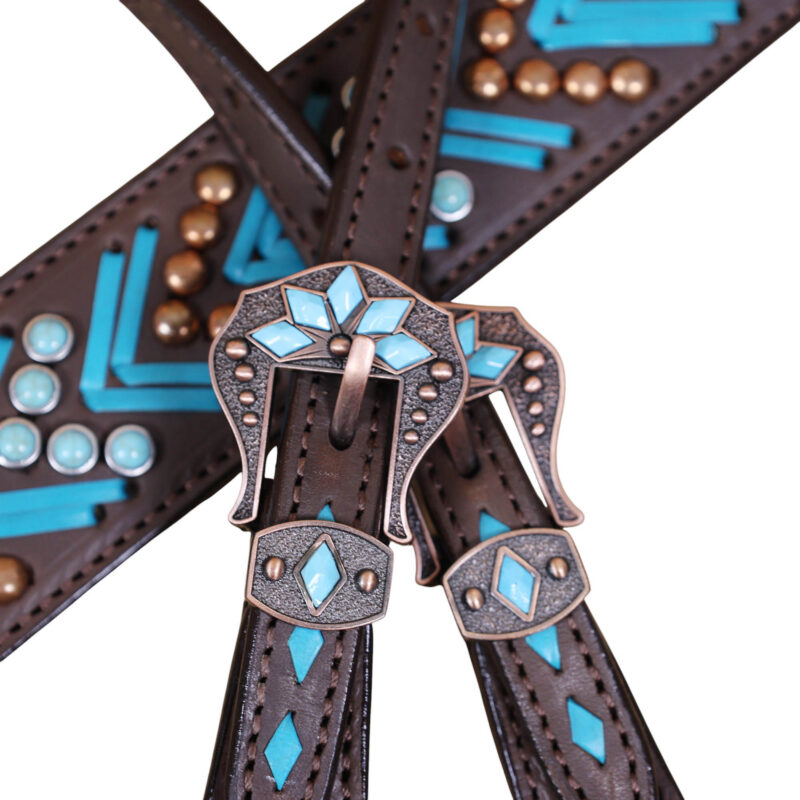 Western Leather Headstall and Breast Collar tack Set decorated with turquoise arrow shape rawhide braiding,arrow shape copper and turquoise studs all over with flower conchos on check piece and one ear