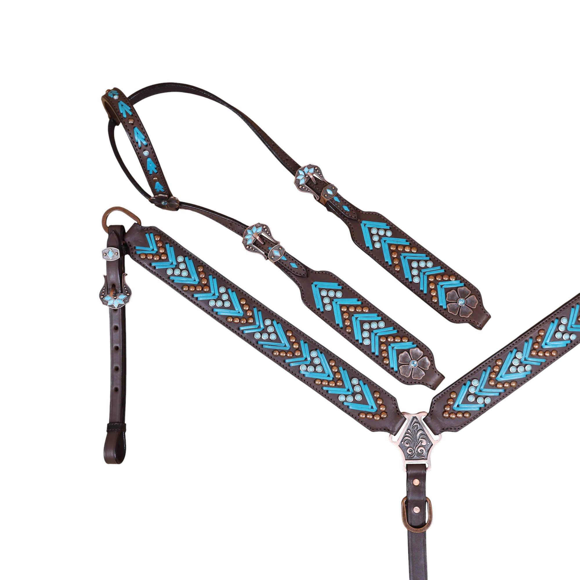 Handmade Leather Headstall and Breast Collar tack Set turquoise arrow shape rawhide braiding (HSBM 114405) - Image 2