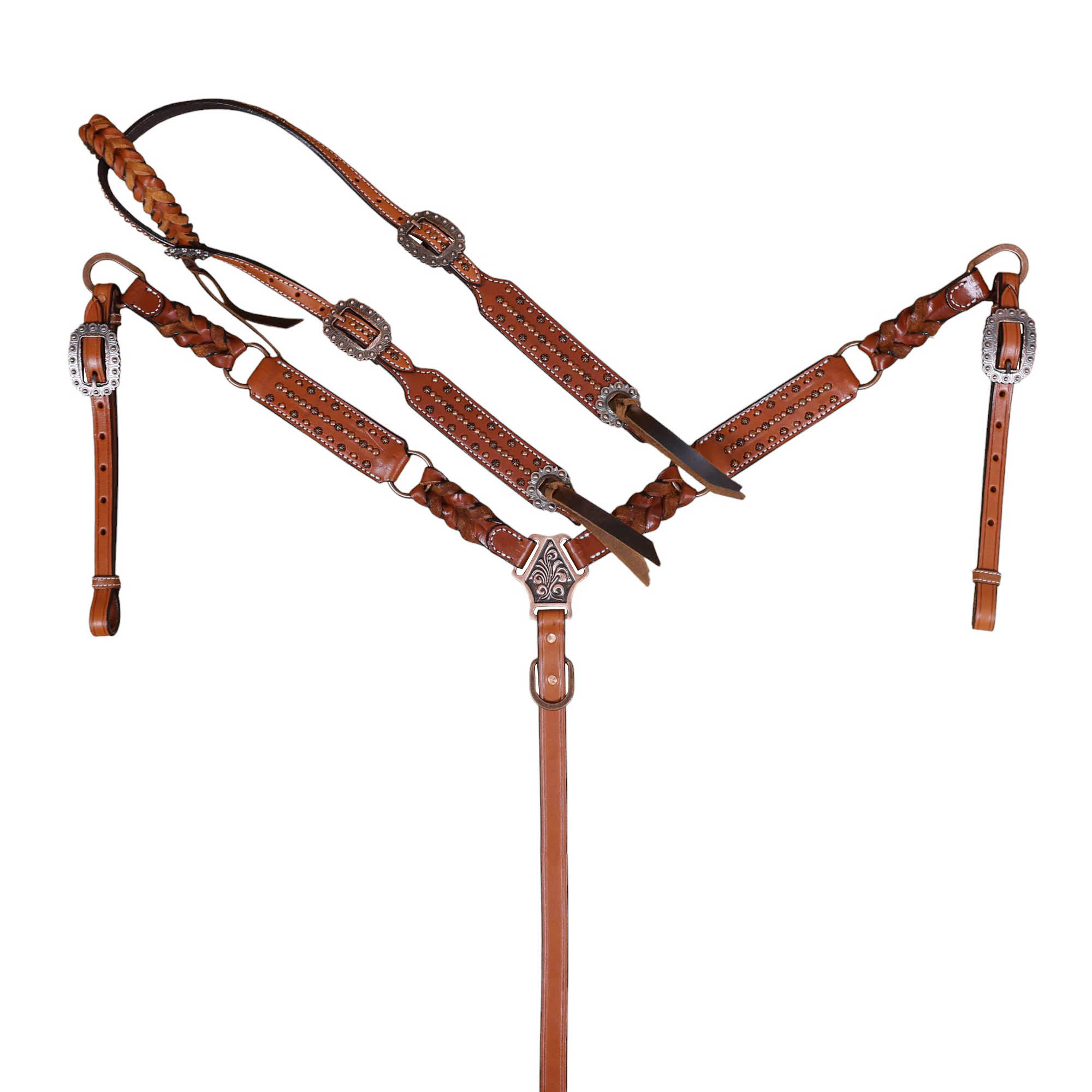 Western Leather Headstall and Breast Collar tack Set decorated with Copper Studs and criss cross braiding on breast collar with ring and braided on one ear with string cochos on cheek piece and one ear