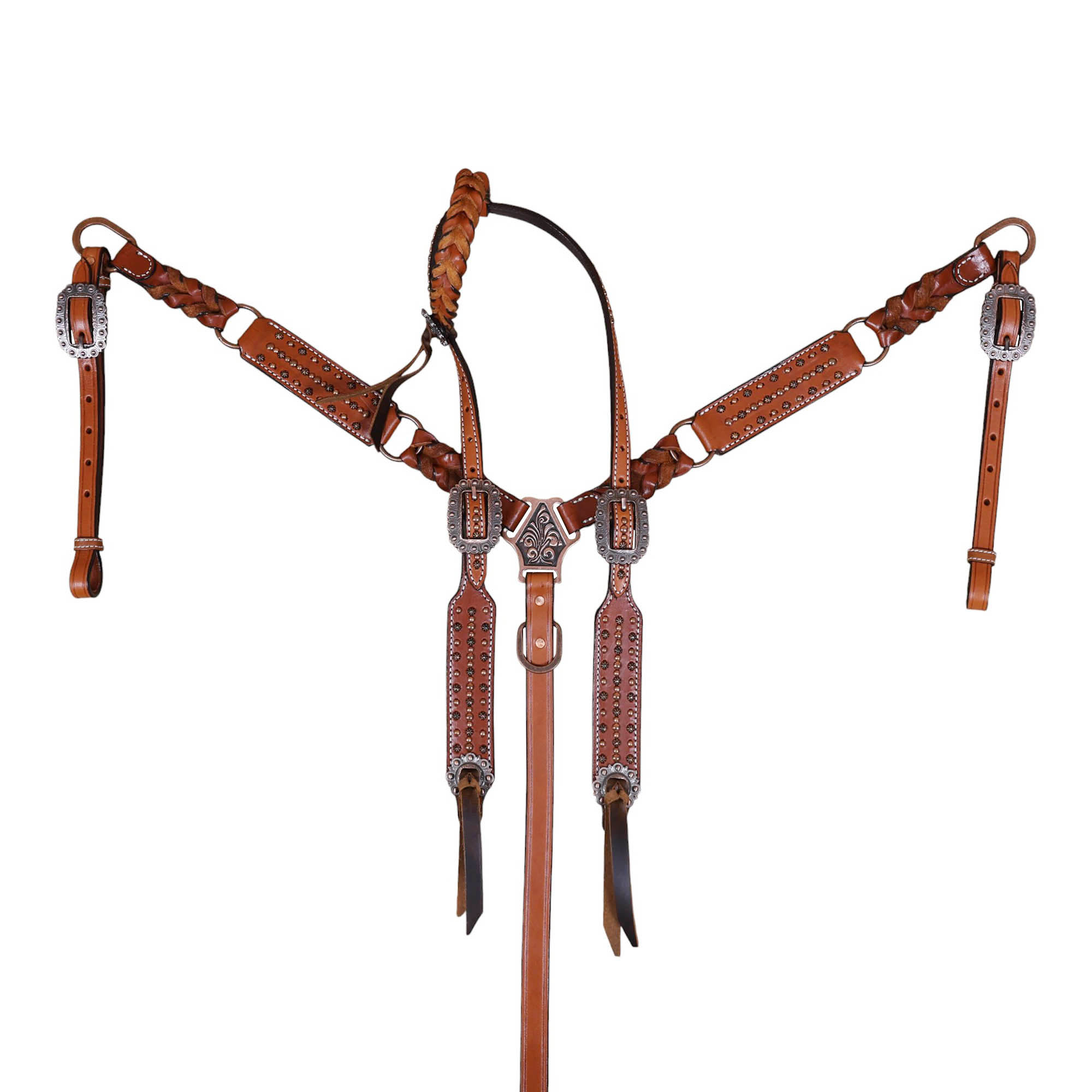Handmade Leather Headstall and Breast Collar tack Set Copper Studs and criss cross braiding (HSBM 114406) - Image 6