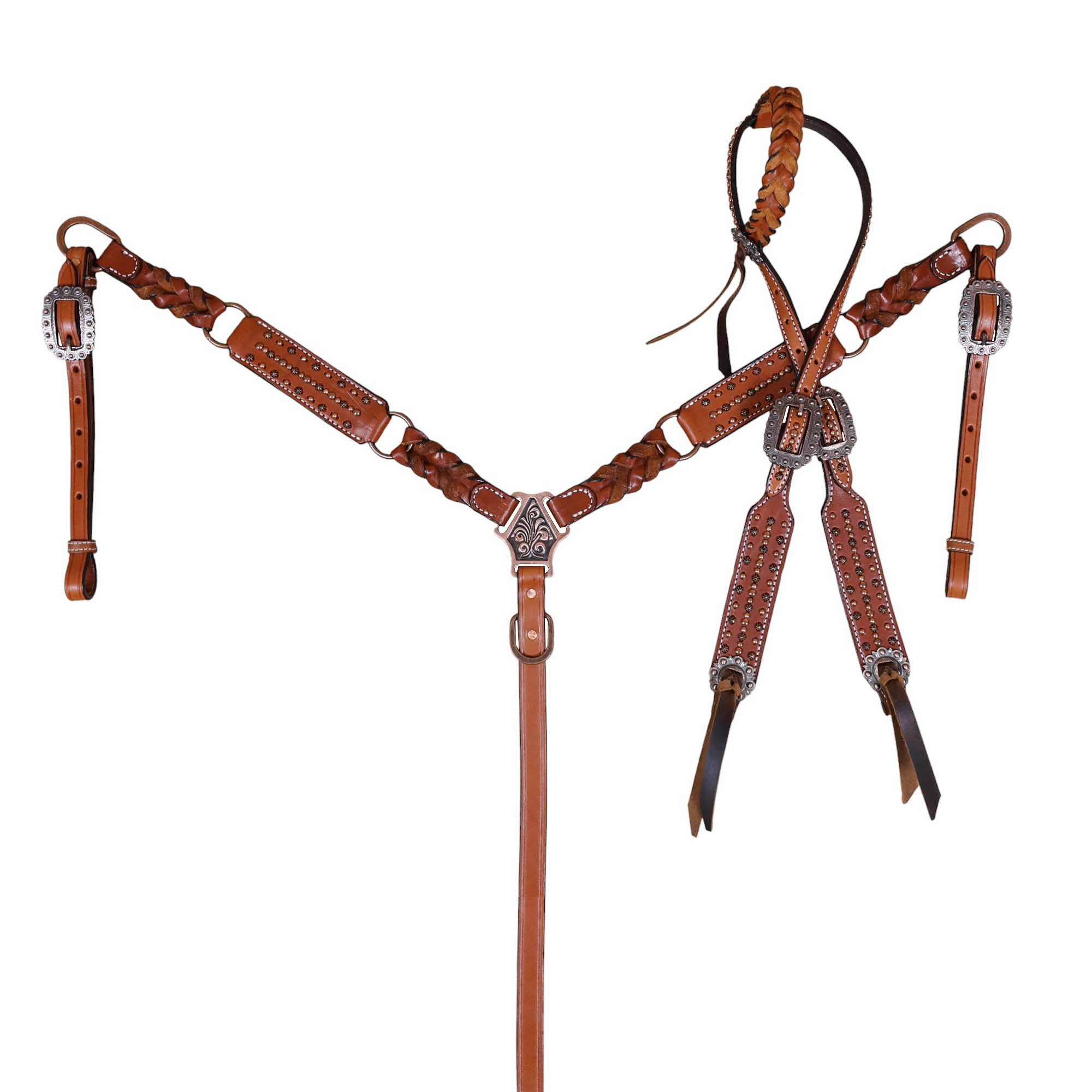 Handmade Leather Headstall and Breast Collar tack Set Copper Studs and criss cross braiding (HSBM 114406) - Image 7
