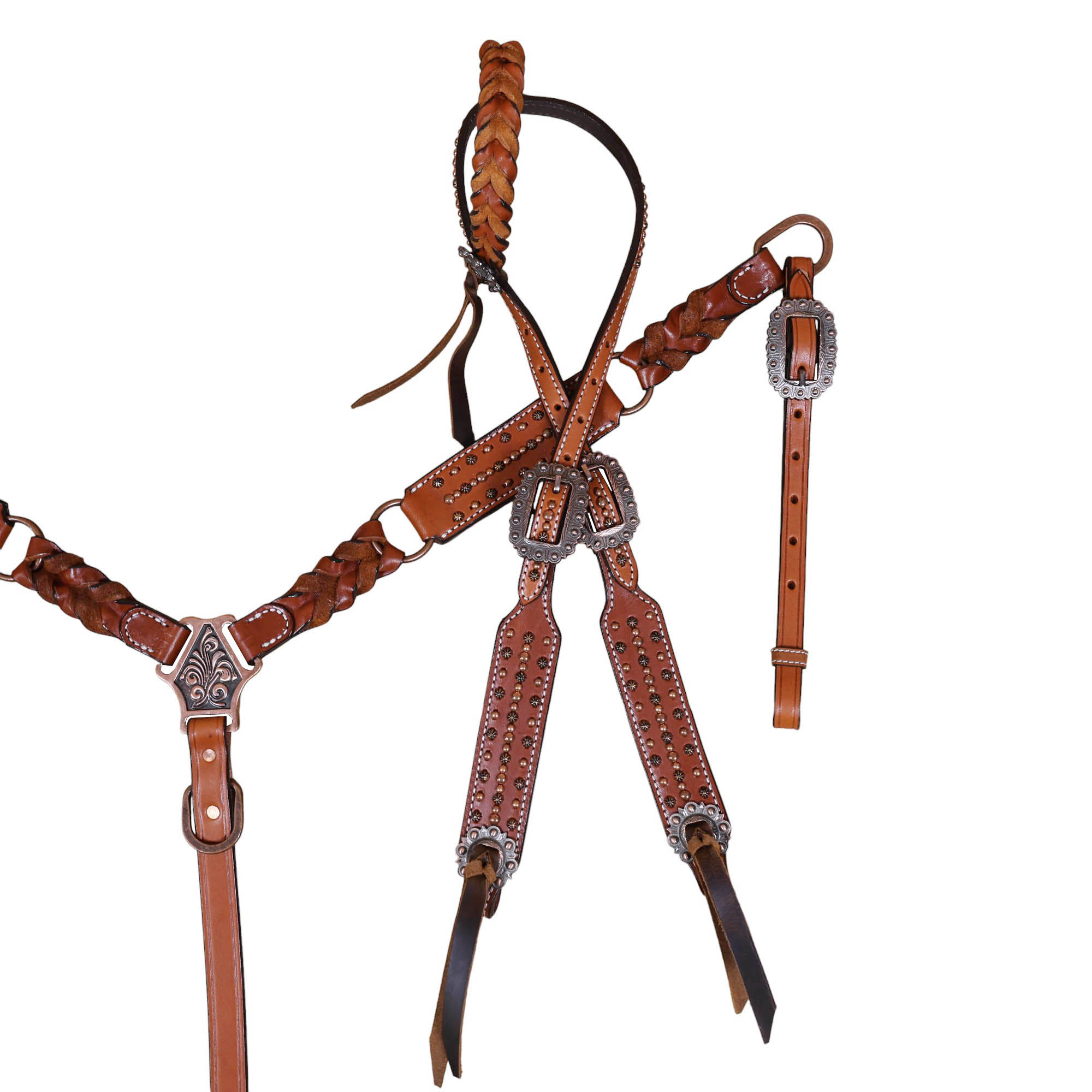 Handmade Leather Headstall and Breast Collar tack Set Copper Studs and criss cross braiding (HSBM 114406) - Image 8