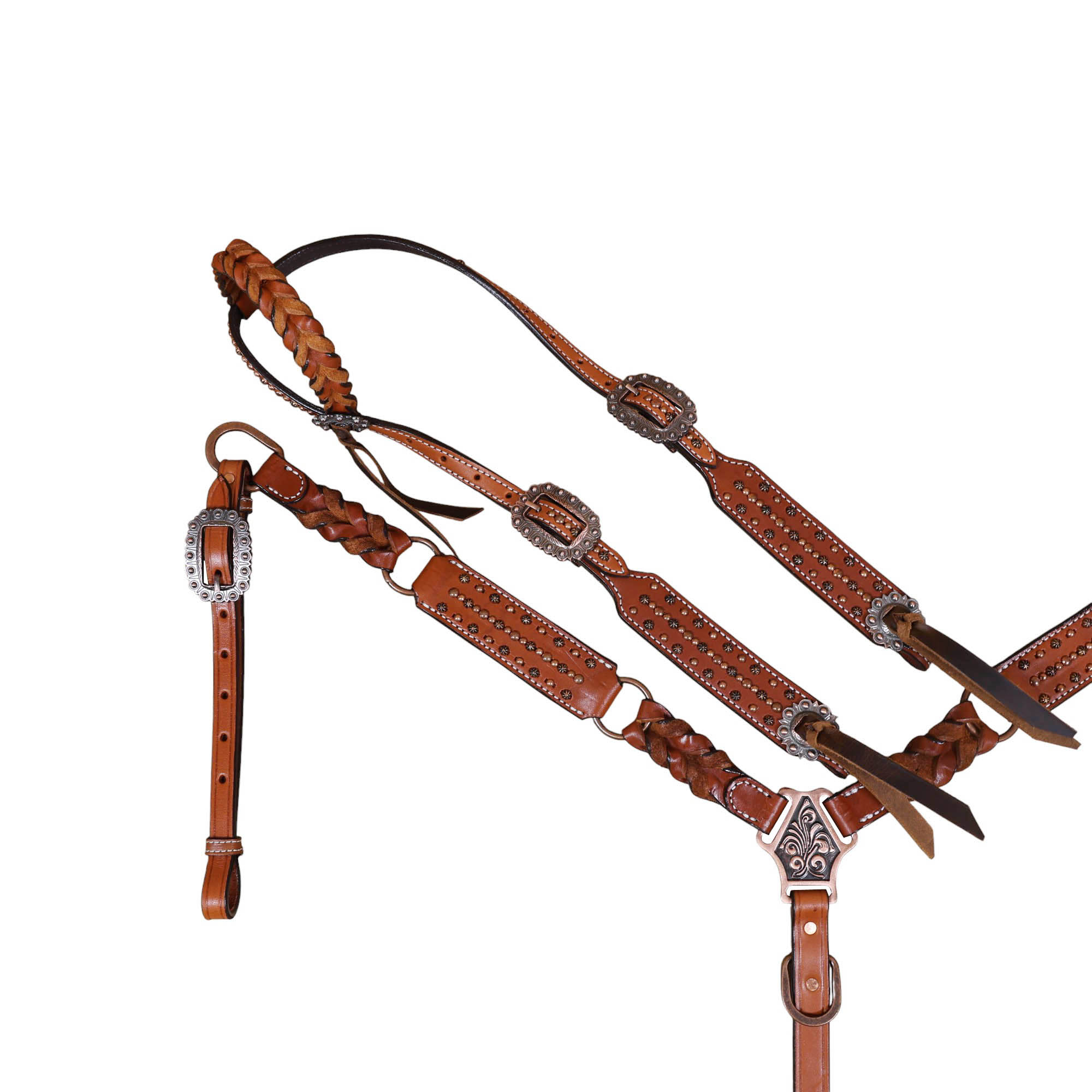 Handmade Leather Headstall and Breast Collar tack Set Copper Studs and criss cross braiding (HSBM 114406) - Image 3