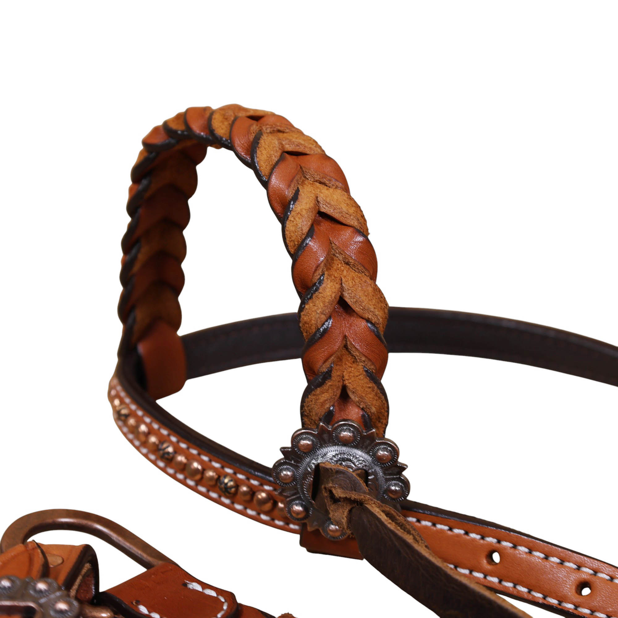 Handmade Leather Headstall and Breast Collar tack Set Copper Studs and criss cross braiding (HSBM 114406) - Image 5