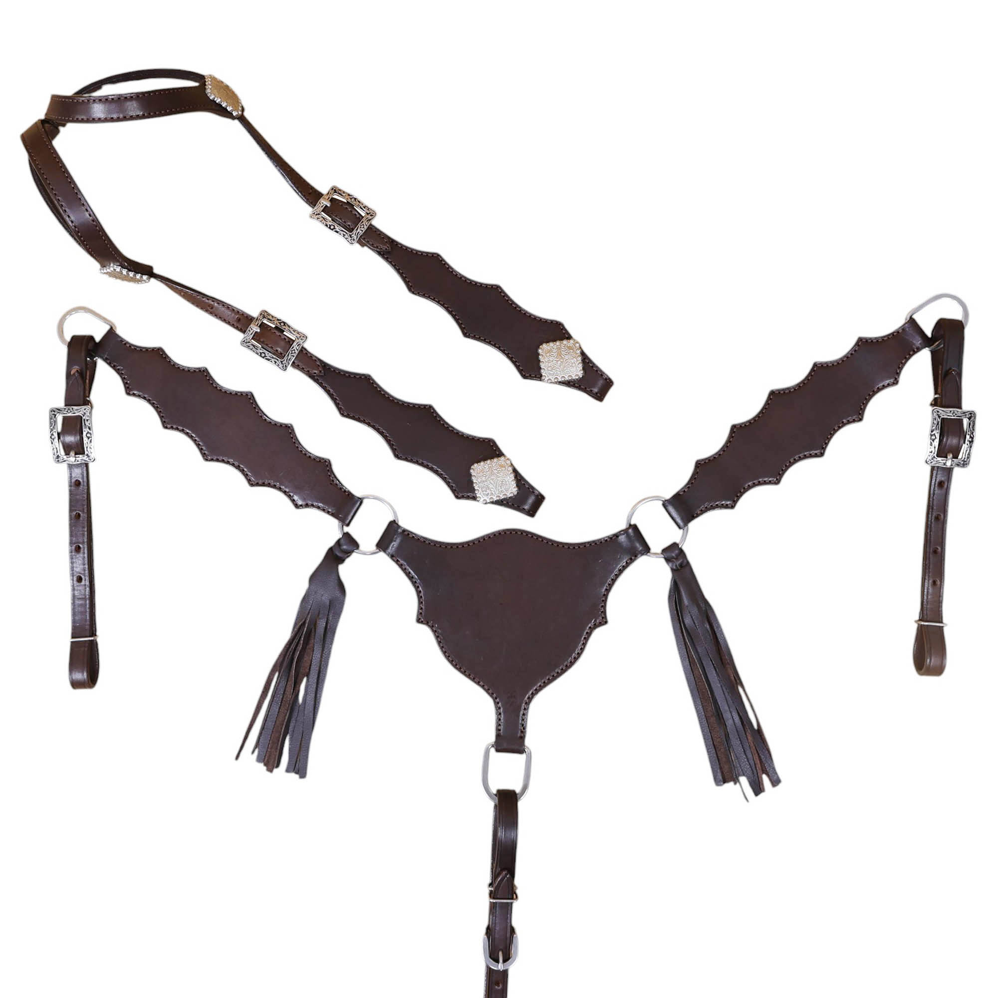 Plain Western Leather Headstall and Breast Collar tack Set with smooth brown finish leather and strings (HSBM 114407)