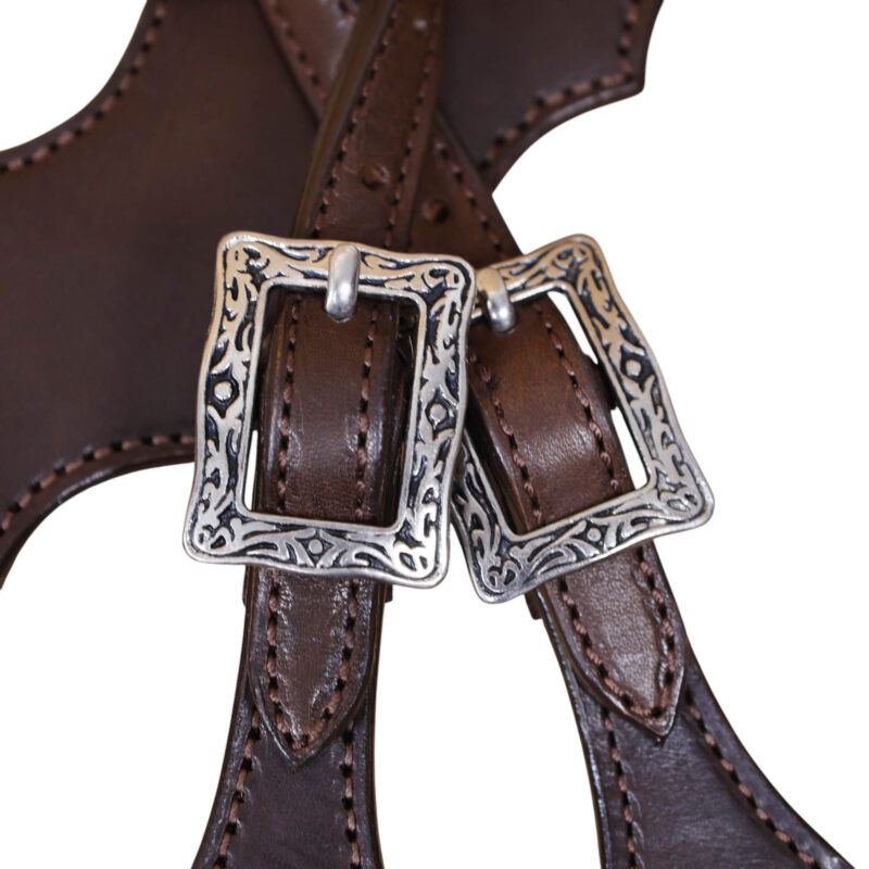 Western Leather Headstall and Breast Collar tack Set with smooth brown finish leather and strings on gladiator style breast collar with plain premium hardware