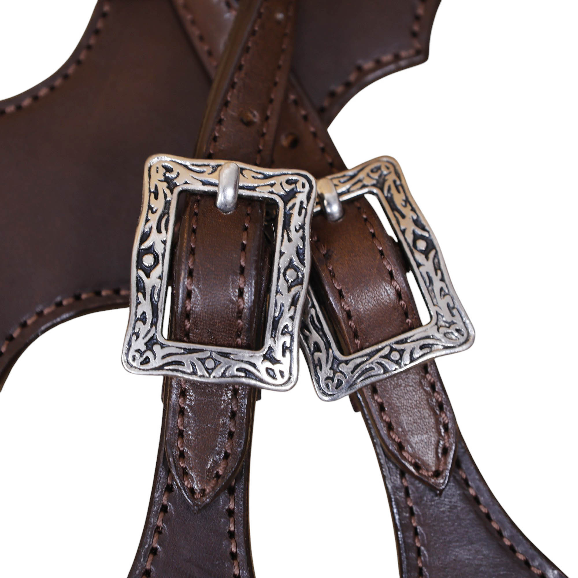 Western Leather Headstall and Breast Collar tack Set with smooth brown finish leather and strings on gladiator style breast collar with plain premium hardware