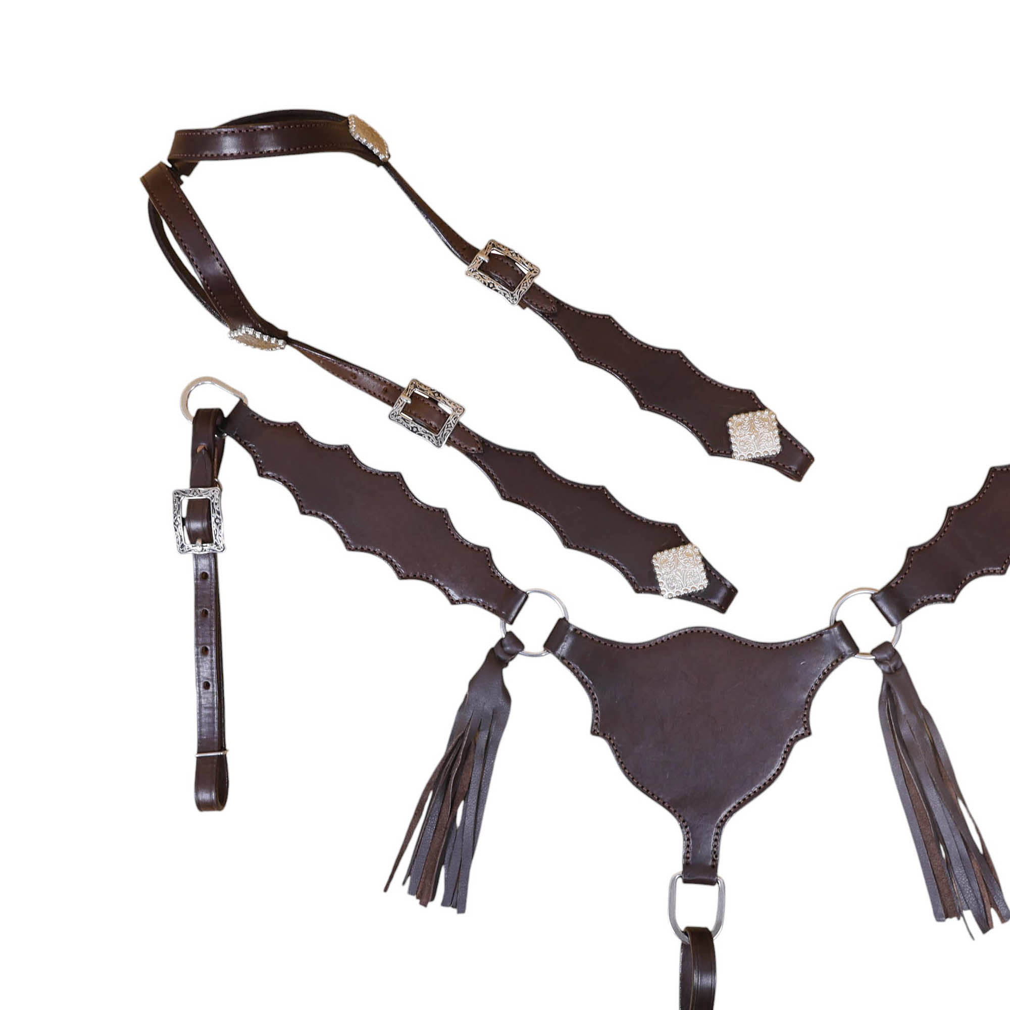 Plain Western Leather Headstall and Breast Collar tack Set with smooth brown finish leather and strings (HSBM 114407) - Image 2