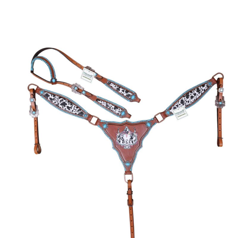 Cowhide Headstall & Breast Collar Tack Set: Turquoise Western Horse Gear (HSBM 114422)