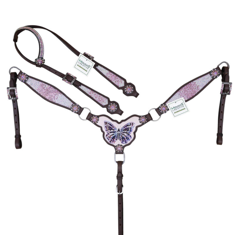 Pink stones Butterfly Horse Headstall Breast Collar Set: Dazzle Rhinestone Western Tack (HSBM 114426)