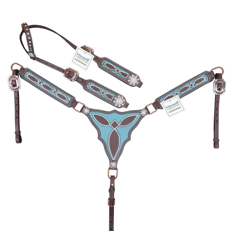 Turquoise Leather Filigree Headstall Breast Collar Set - Full Horse Size (HSBM 114427)