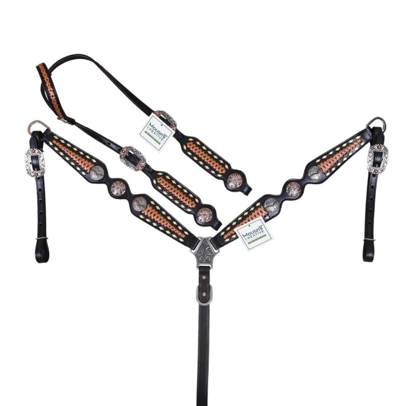Criss CrossLeather Headstall Breast Collar Set - Full Horse Size (HSBM 114436)