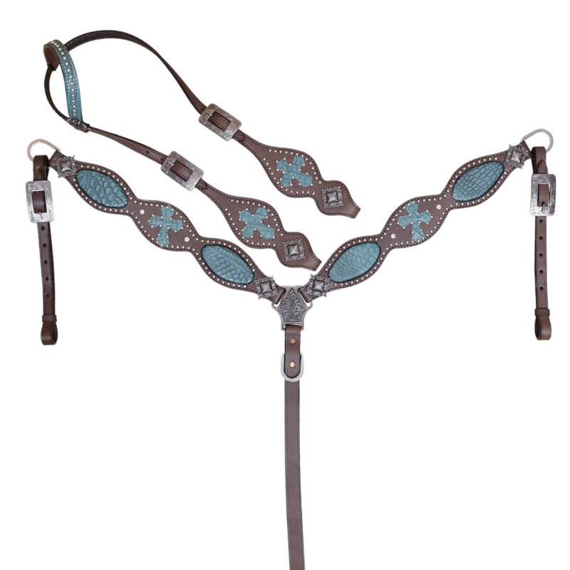 Alligator inlay Headstall Breast Collar Set - Full Horse Size (HSBM 114460)