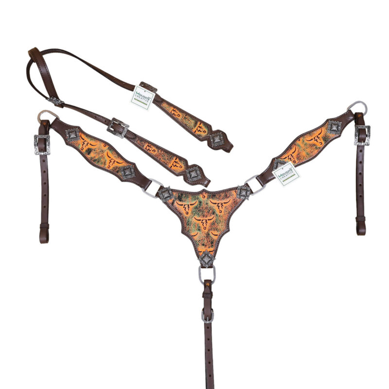 Western Leather Headstall Breast Collar Set: Orange Steer Embossed Tack (HSBM 114477)