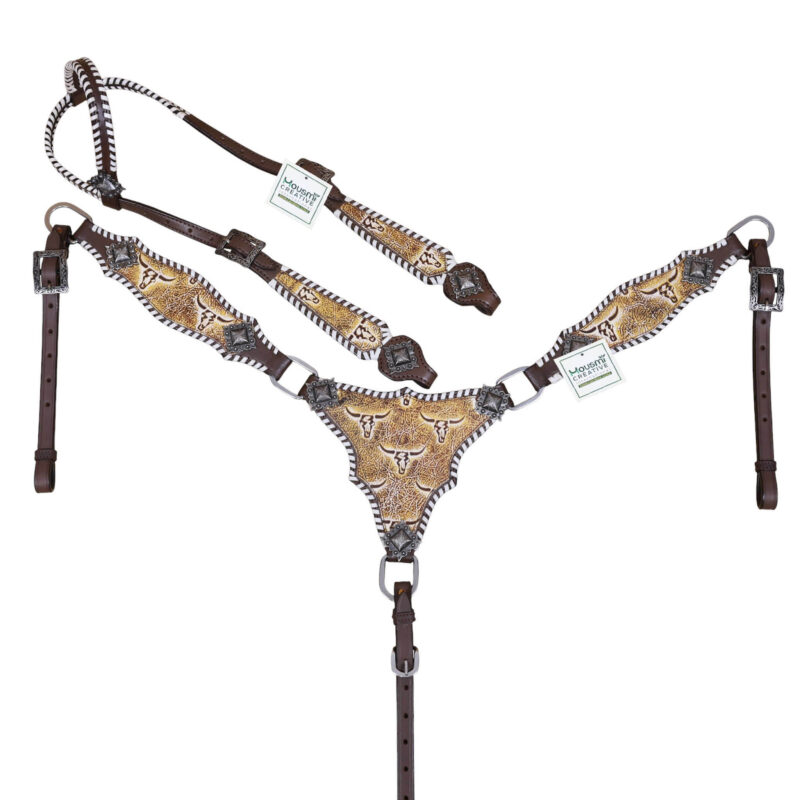 Western Headstall Breast Collar Tack Set: Steer Embossed Leather, Rawhide Stitch (HSBM 114478)