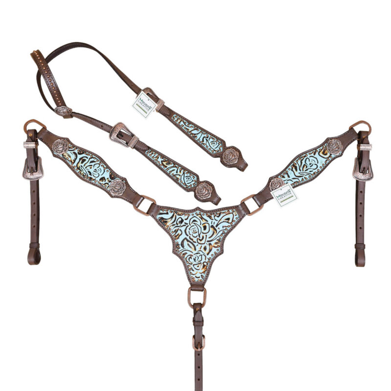 Turquoise Rose Leather Western Headstall Breast Collar Tack Set (HSBM 114479)