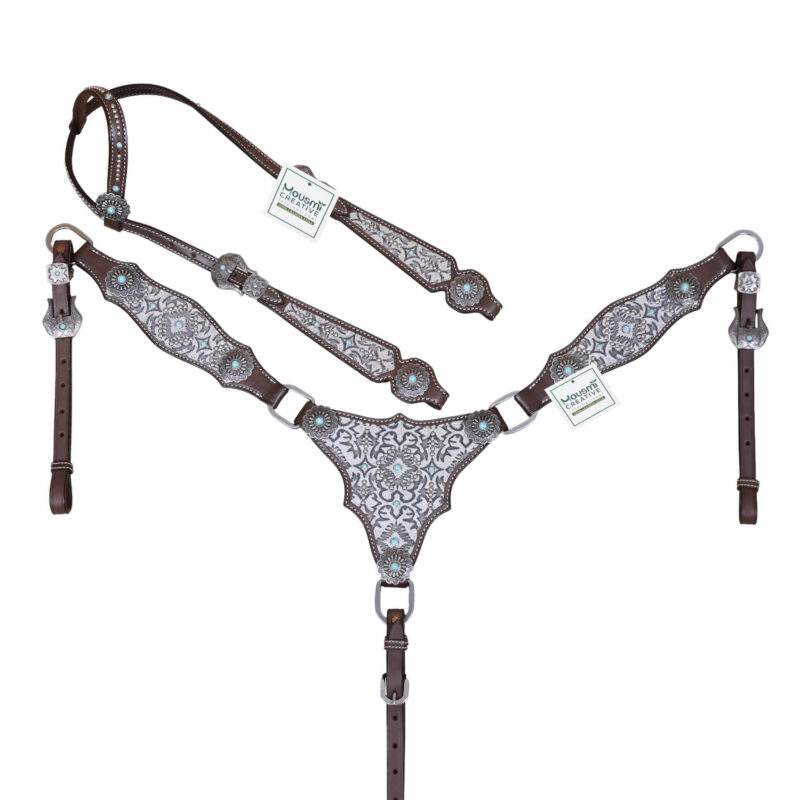 Western Headstall Breast Collar Set handmade : Gray Aztec, Turquoise Studs (HSBM 114487)