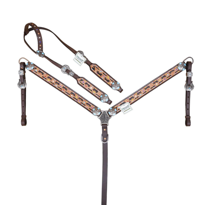 Western Leather Headstall and Breast Collar tack Set decorated with flower and geometrical carving and handpainting
