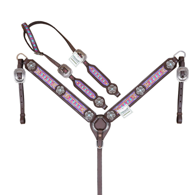 Western flower and geometrical carving and hand painting Headstall set- Full Horse Size, Customisation available (HSBM 114512)