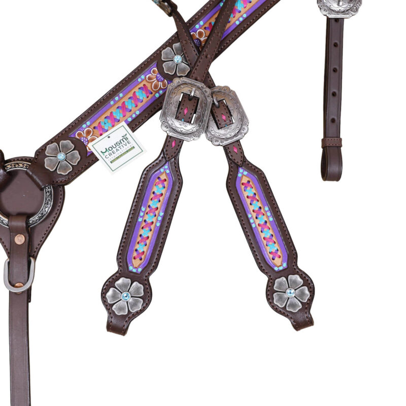 Headstall and Breast Collar tack Set decorated with flower shape concho and criss cross teal pink purple raw hide design