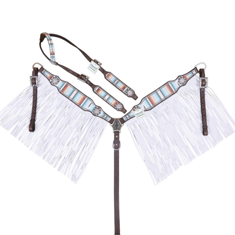 Headstall and Breast Collar tack Set decorated with red royal white engraved hand painted rings with matching fringe and twisted braiding on cheek piece and one ear