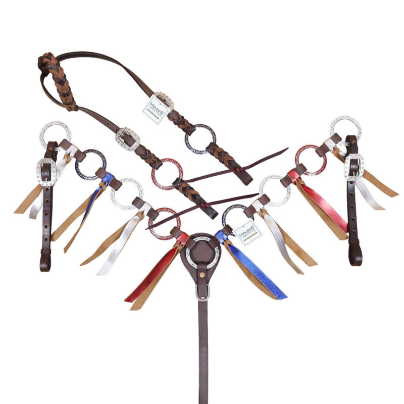 Western Headstall set for horse ,red royal white engraved hand painted Rings,fringe and twisted braiding- Full Horse Size, Customisation available (HSBM 114514)