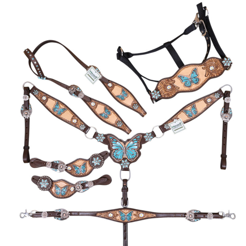 tack Set decorated with hand painted teal butterfly with and carved antique finish and a turquoise flower conch on Butterfly Tack