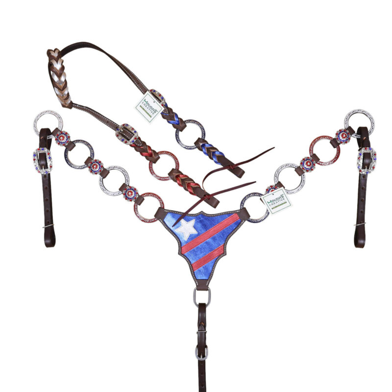 tack Set decorated with Red royal white rings flag design at center and criss cross braiding on one ear and cheek piece