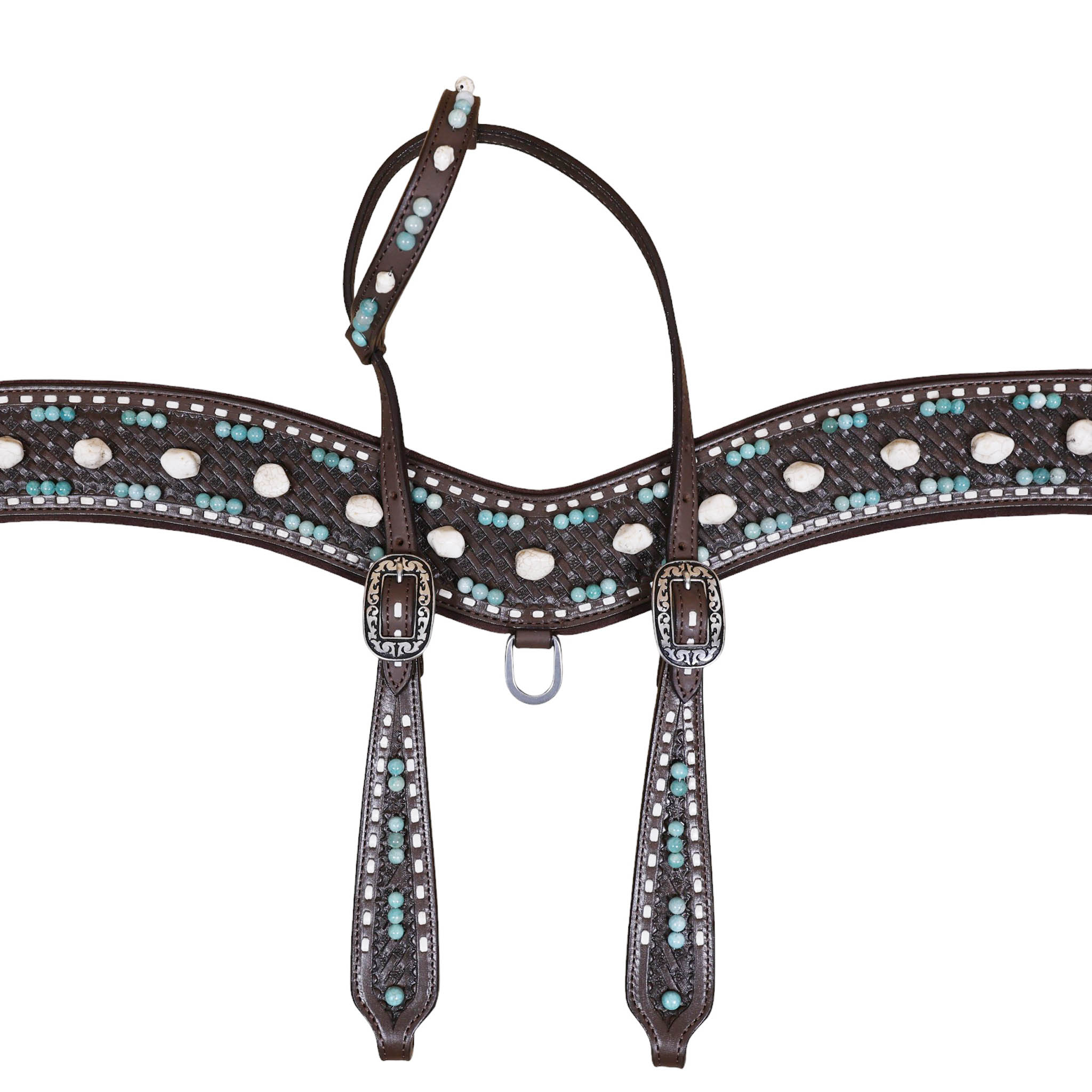 white and Teal stone Decorated Leather headstall set on Argentina soft leather (HSBM 114505) - Image 5