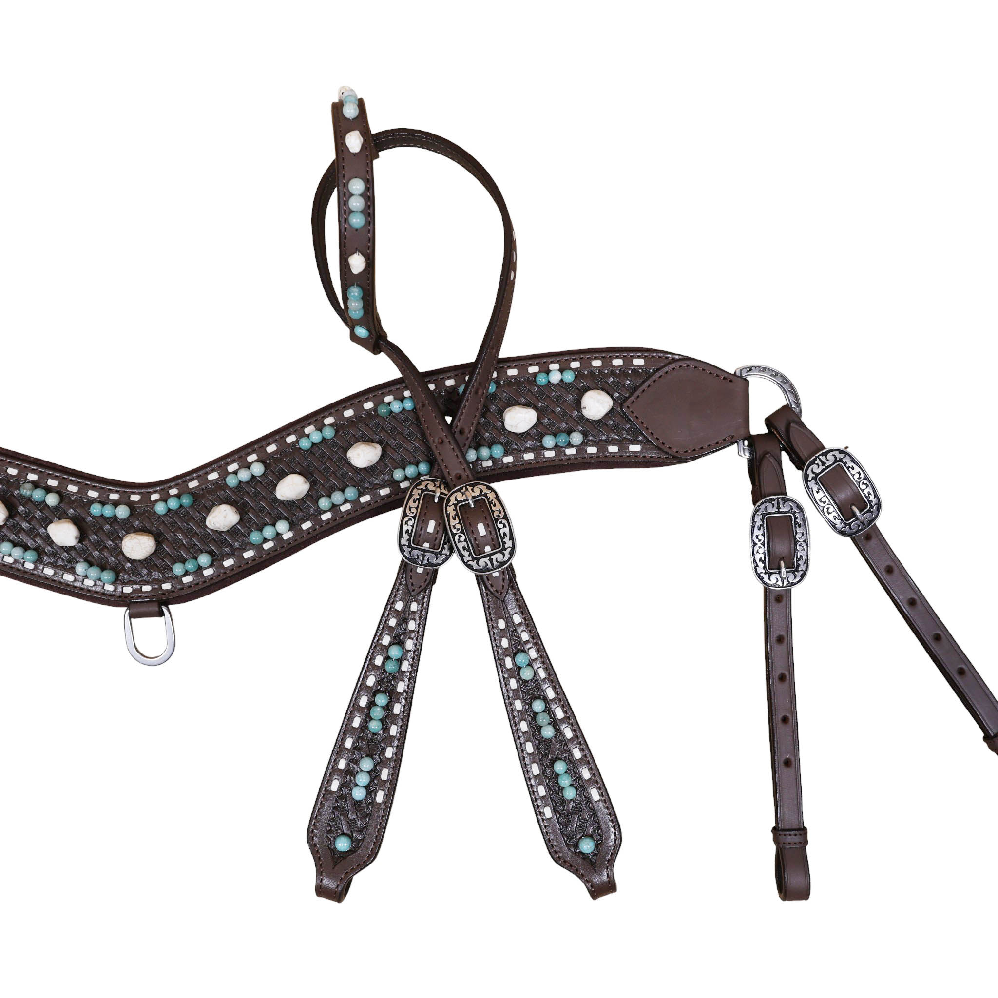 white and Teal stone Decorated Leather headstall set on Argentina soft leather (HSBM 114505) - Image 8