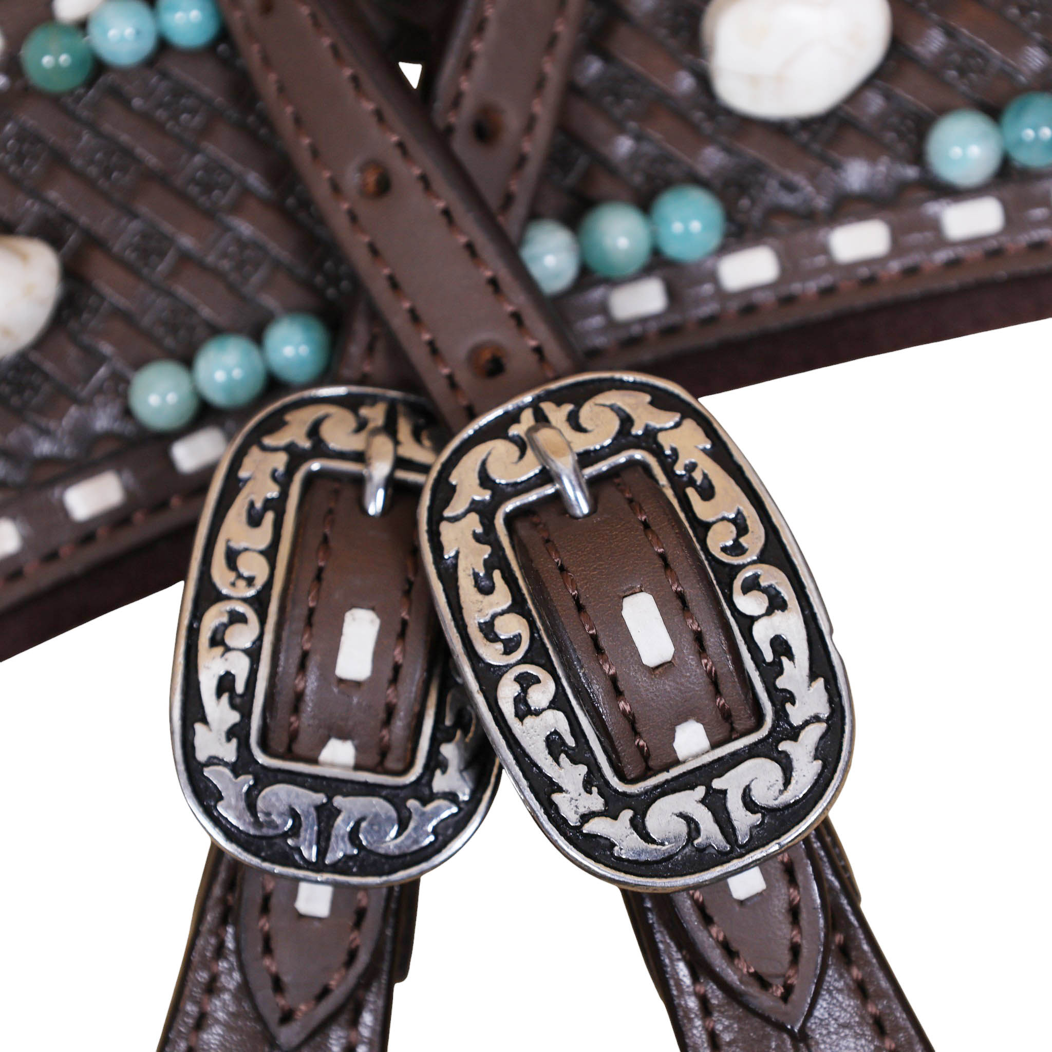 white and Teal stone Decorated Leather headstall set on Argentina soft leather (HSBM 114505) - Image 9