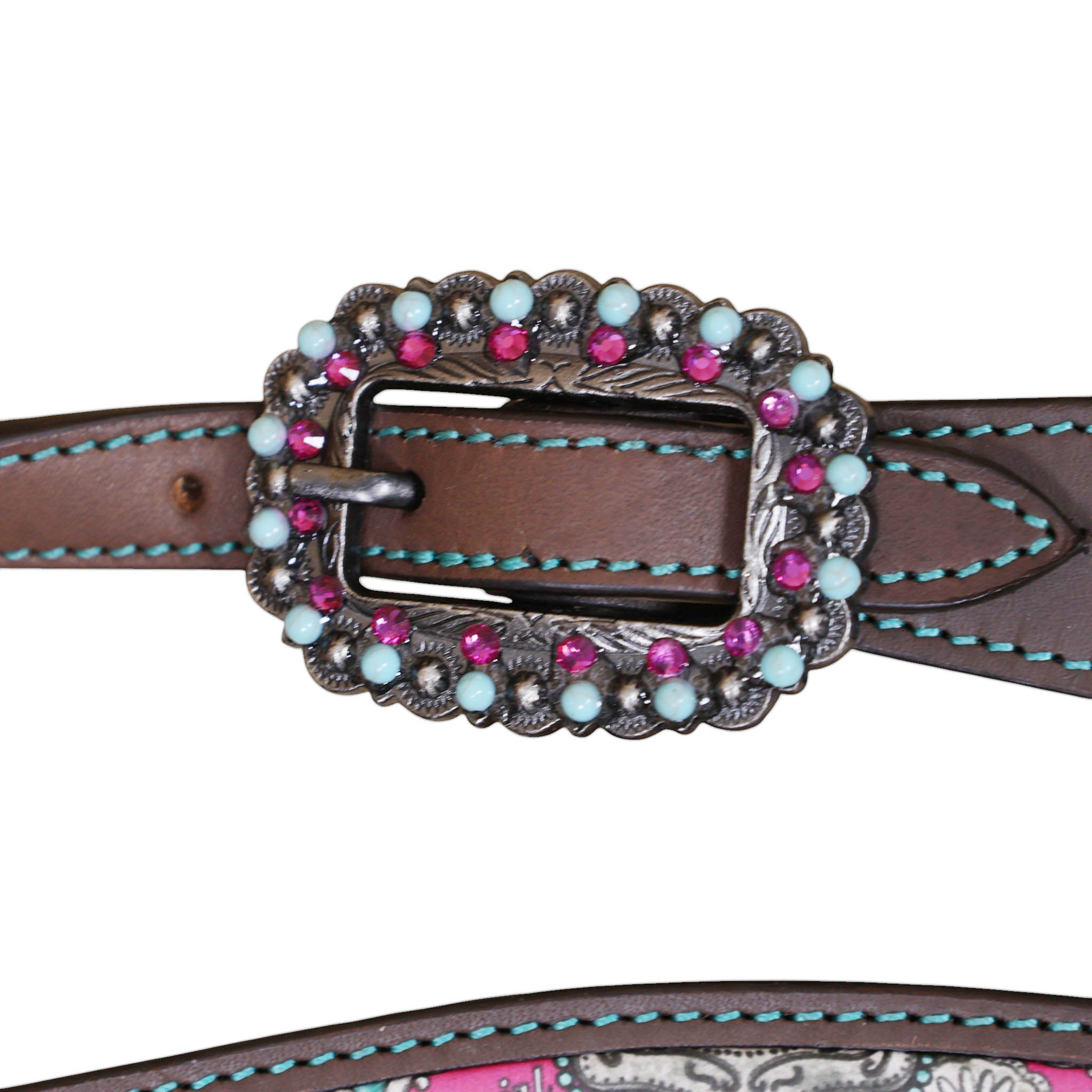 Leather One Ear Headstall Set decorated with a howdy print overlay, silver studs, and large bling conchos.(HSBM 114507) - Image 10