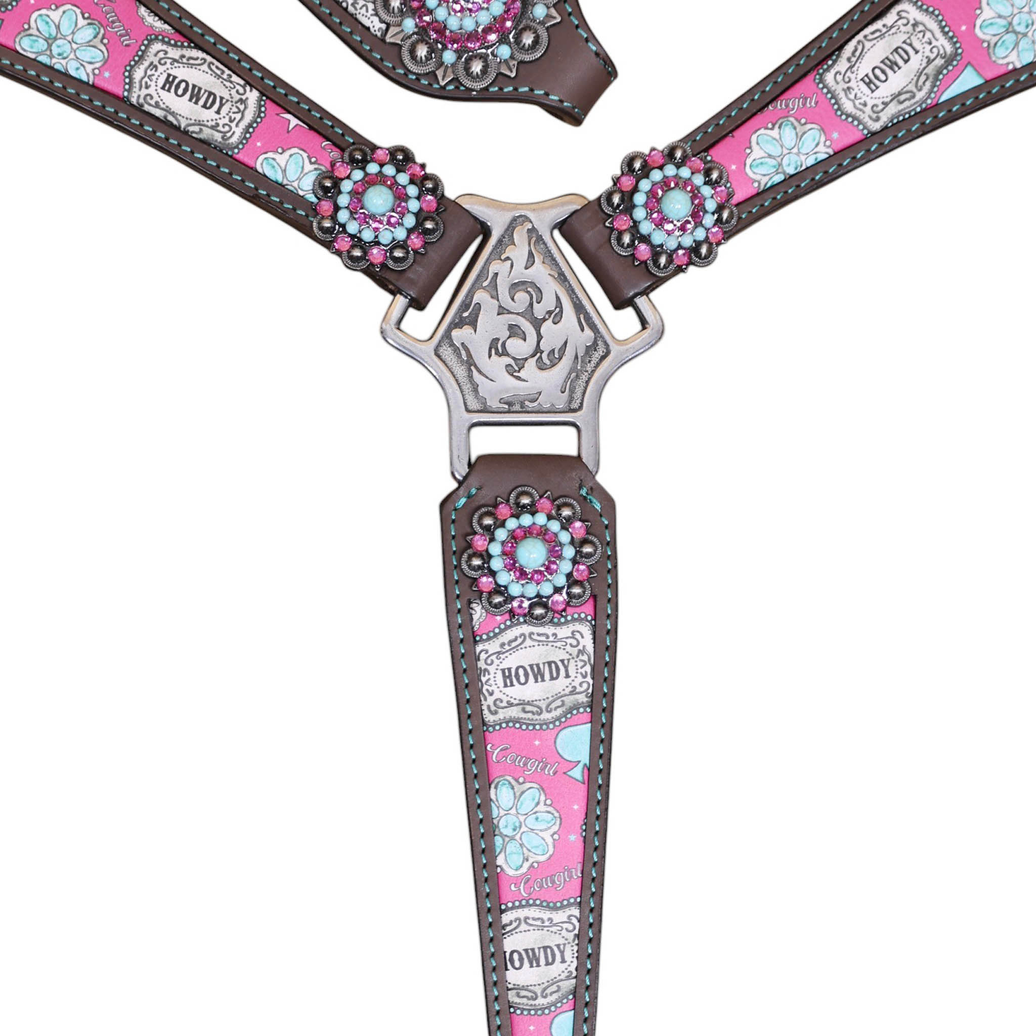 Leather One Ear Headstall Set decorated with a howdy print overlay, silver studs, and large bling conchos.(HSBM 114507) - Image 2