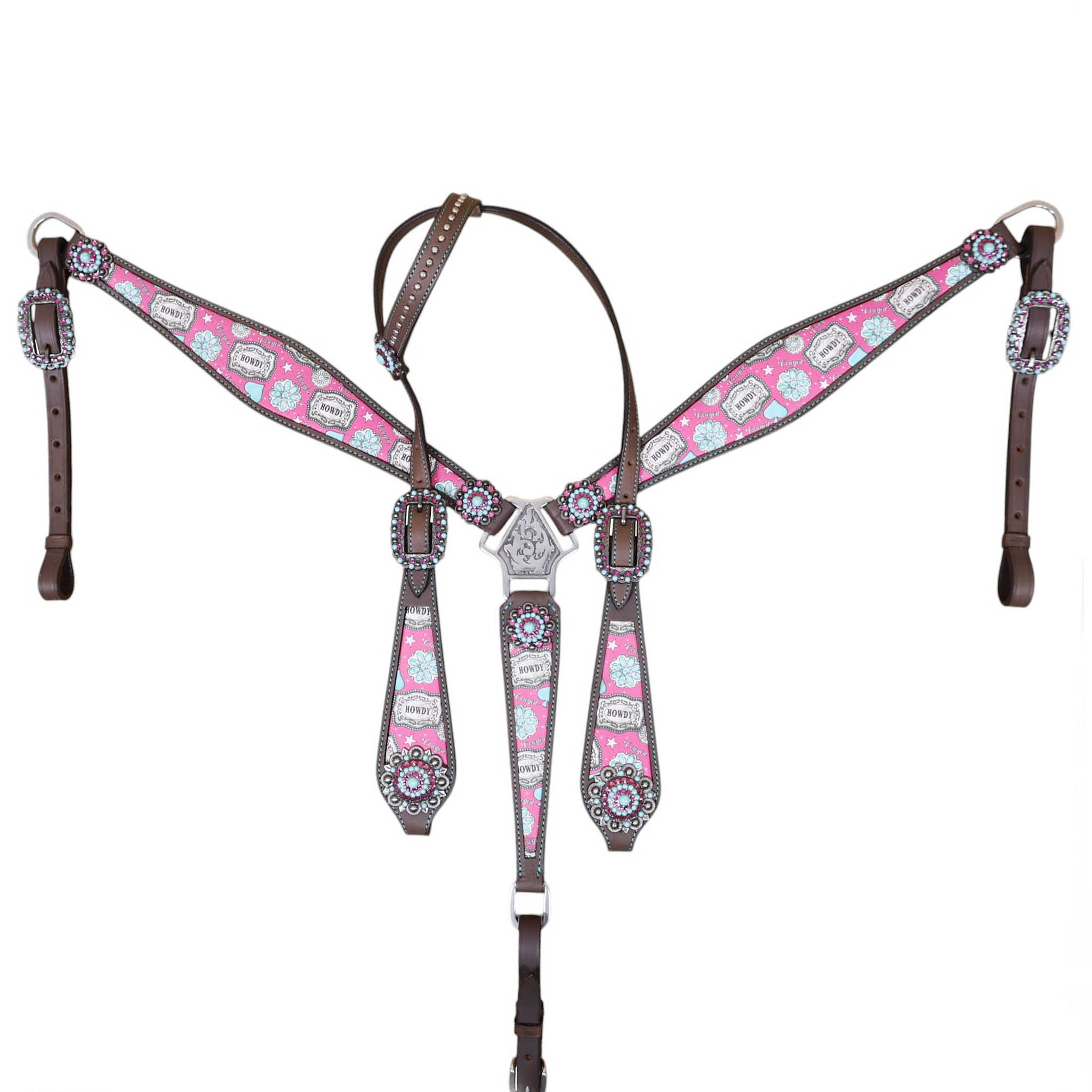 Leather One Ear Headstall Set decorated with a howdy print overlay, silver studs, and large bling conchos.(HSBM 114507) - Image 3