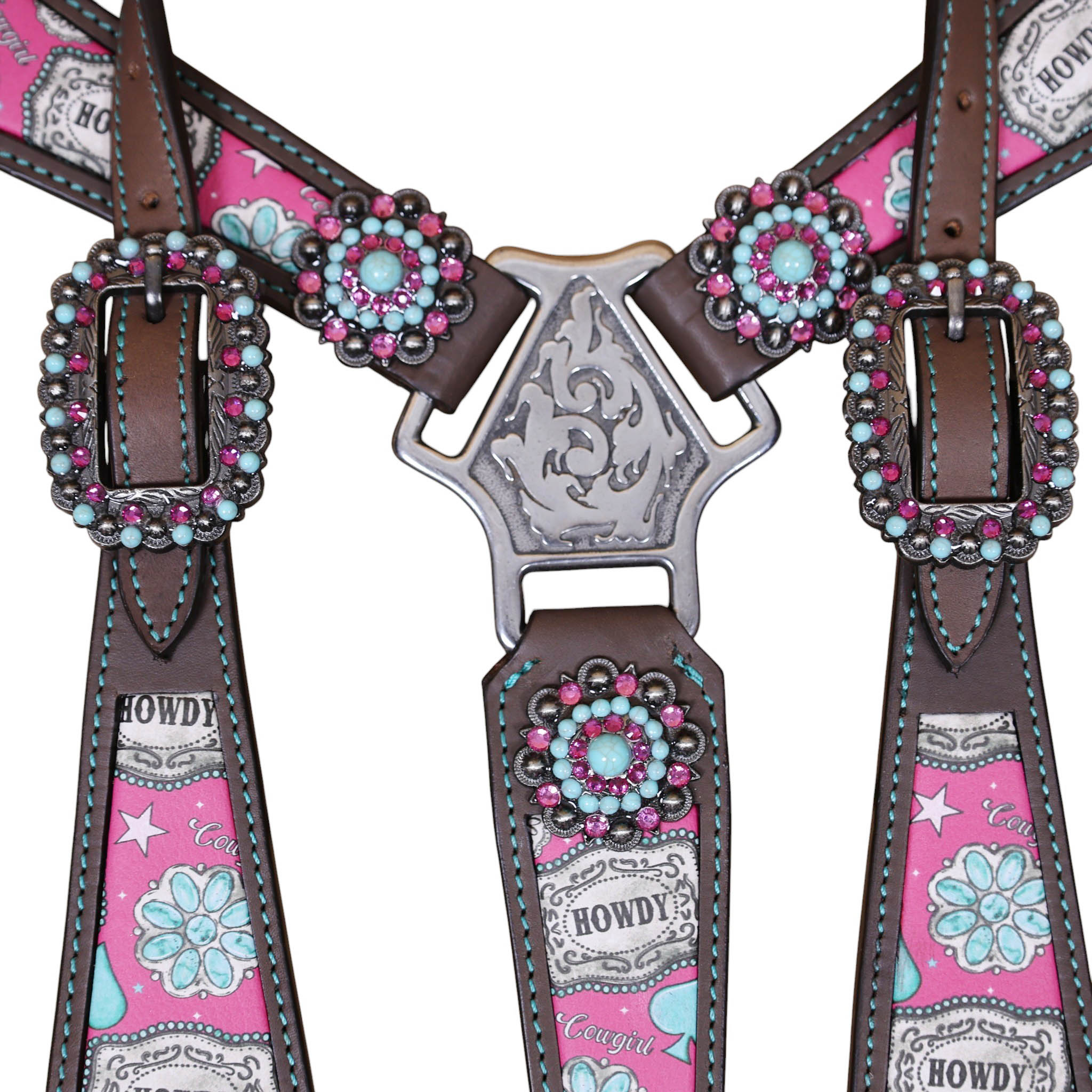 Leather One Ear Headstall Set decorated with a howdy print overlay, silver studs, and large bling conchos.(HSBM 114507) - Image 4
