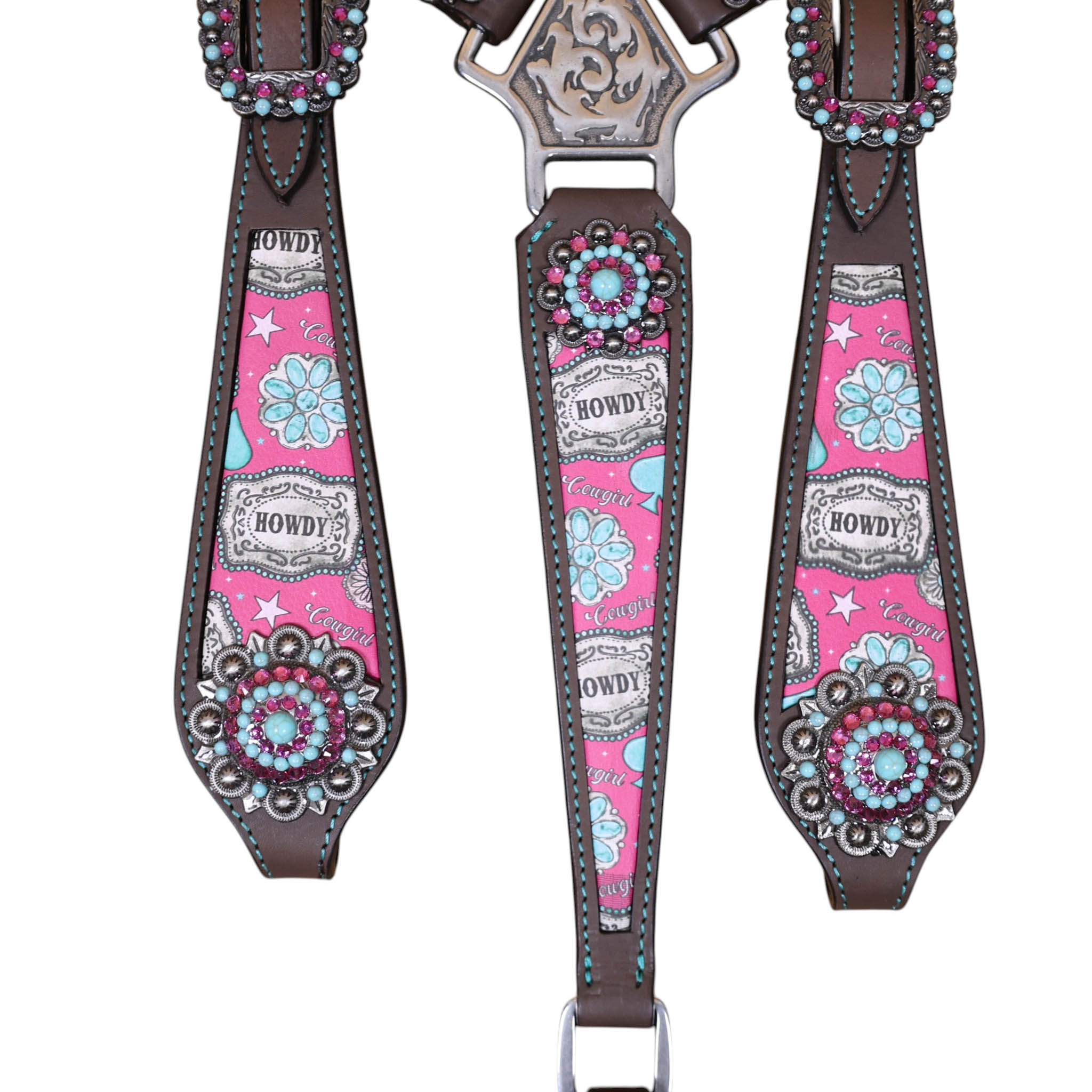 Leather One Ear Headstall Set decorated with a howdy print overlay, silver studs, and large bling conchos.(HSBM 114507) - Image 11