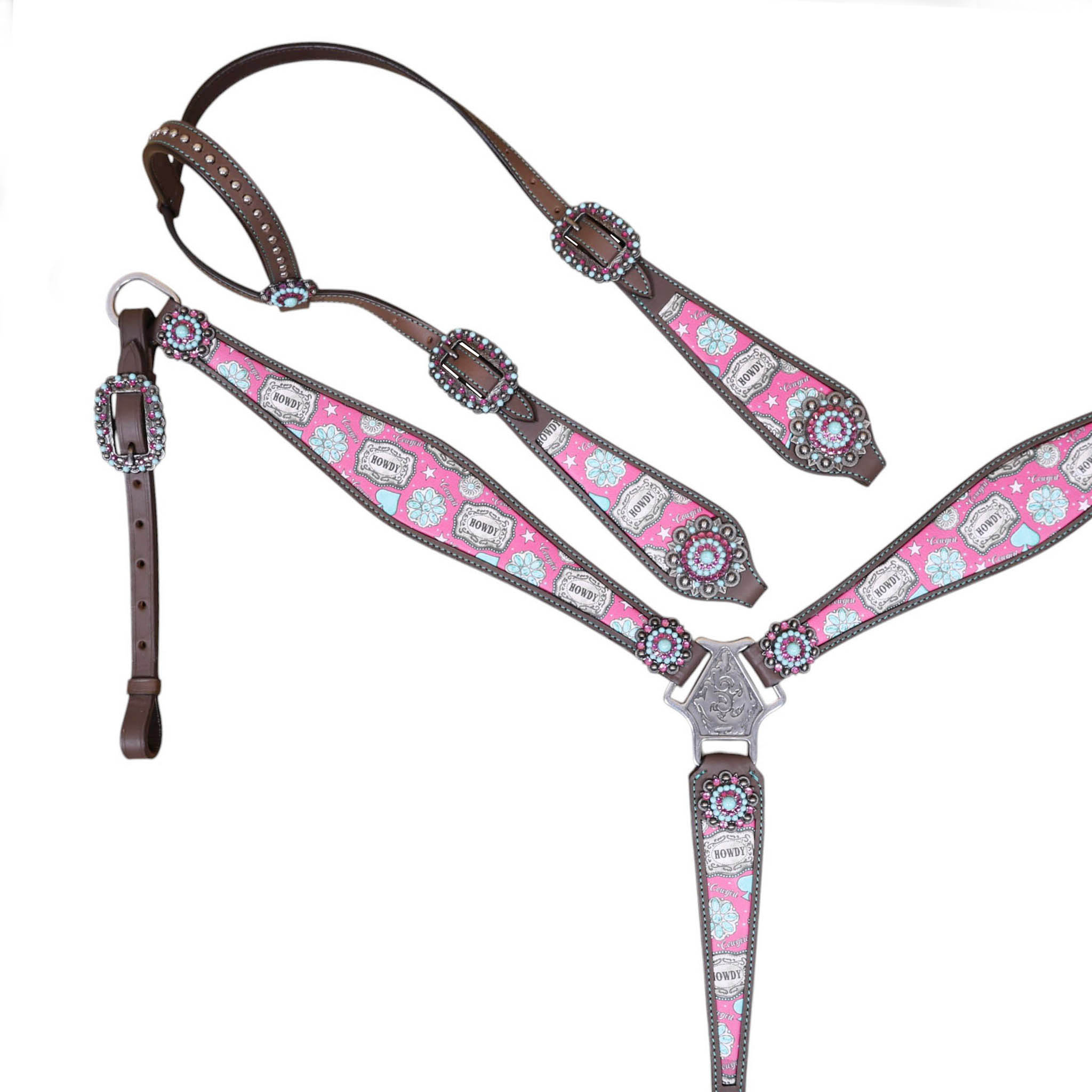 Leather One Ear Headstall Set decorated with a howdy print overlay, silver studs, and large bling conchos.(HSBM 114507) - Image 5