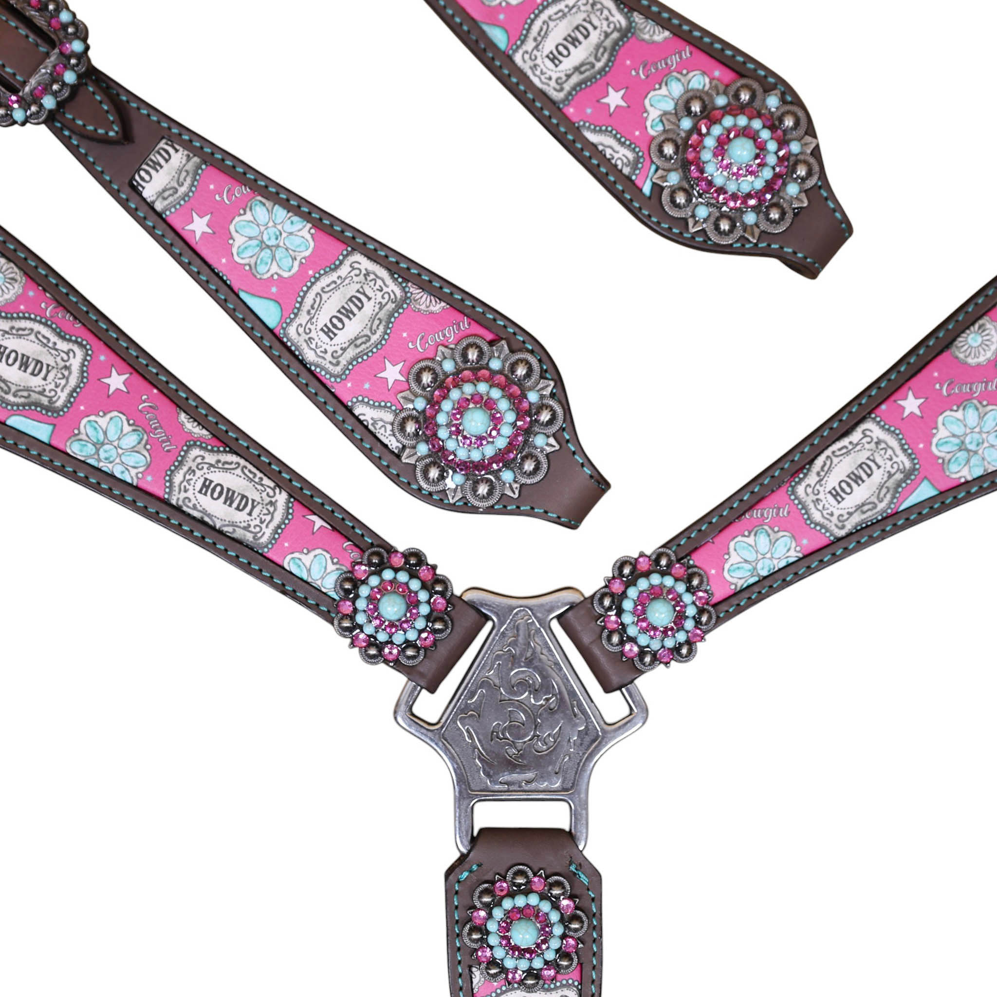 Leather One Ear Headstall Set decorated with a howdy print overlay, silver studs, and large bling conchos.(HSBM 114507) - Image 6