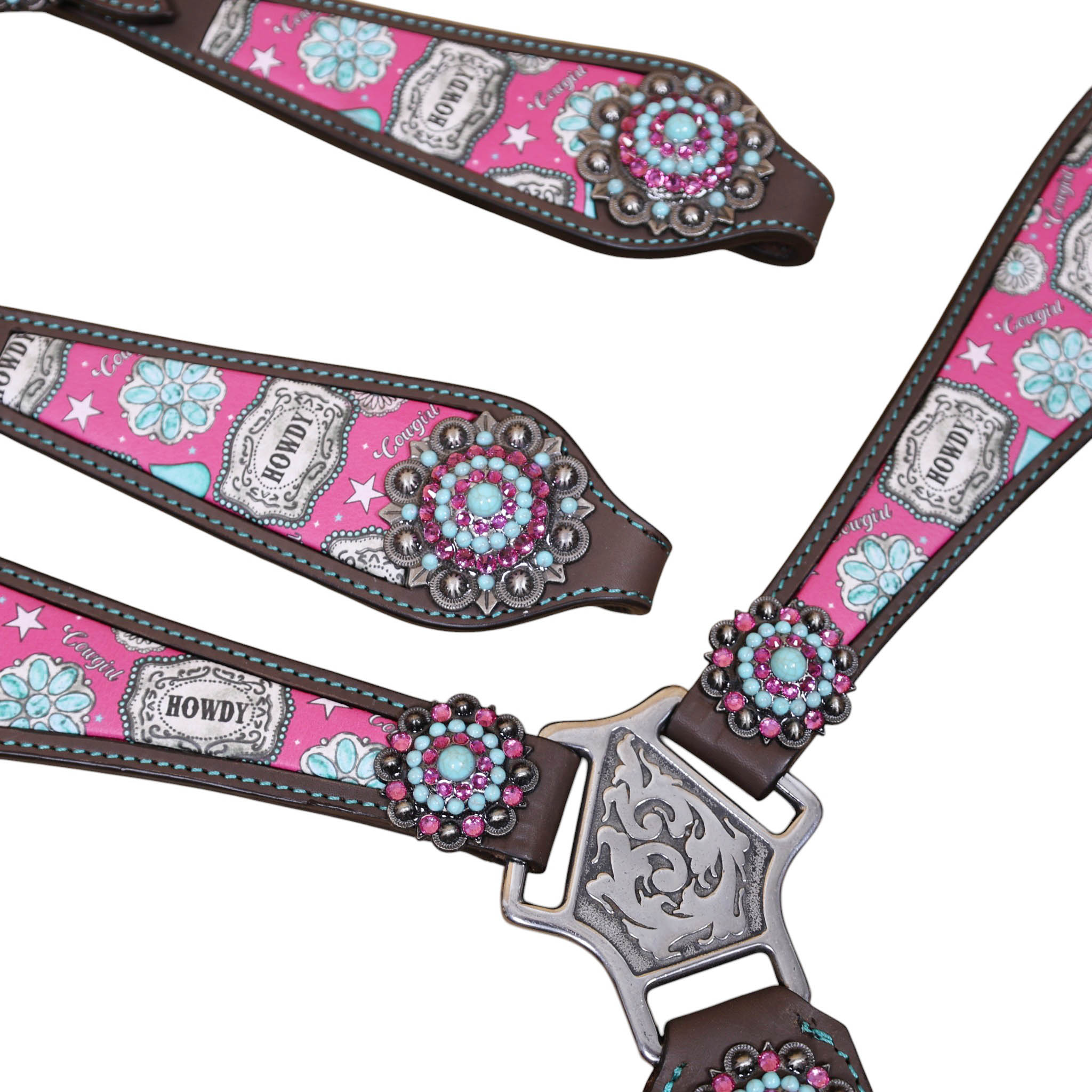 Leather One Ear Headstall Set decorated with a howdy print overlay, silver studs, and large bling conchos.(HSBM 114507) - Image 7